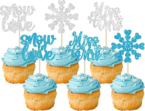 Gyufise 24 adornos plateados para cupcakes con purpurina azul y plateado para tartas de Miss to Mrs para decoración de tartas de invierno, bodas,