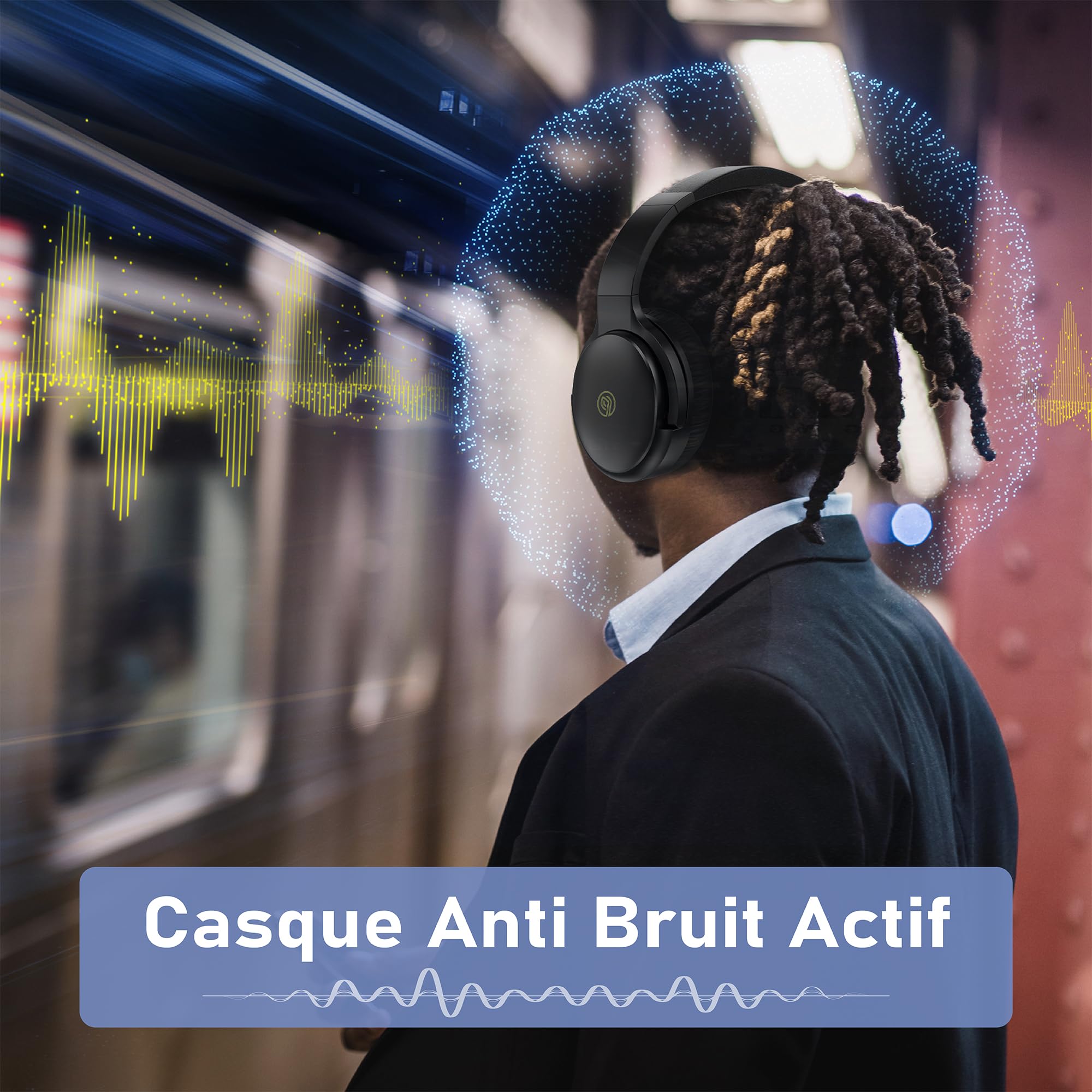 Casque Bluetooth sans Fil à Réduction de Bruit Active-Jusqu'à 80 Heures d'autonomie et Charge Rapide-avec Micro pour Appels Téléphoniques,Casque Over-Ear,Léger, Confortable et Pliable,Noir