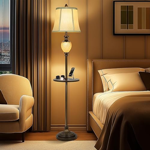 Miniatura 19 de Lámpara de pie rústica con bandeja de metal para sala de estar con luz nocturna, lámpara alta vintage con pantalla de tela de lino, lámpara de pie