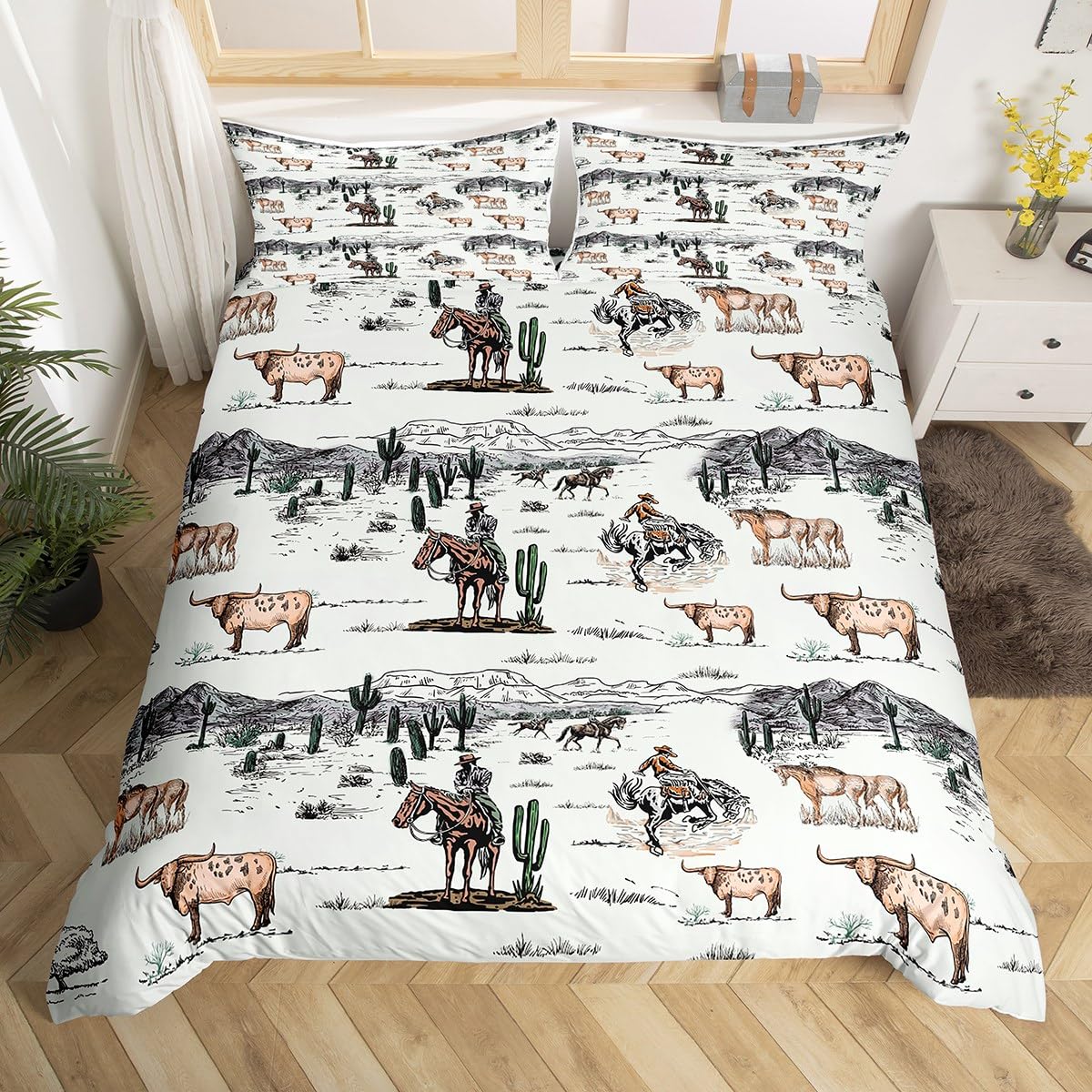 Western Cowboy Duvet Cover Twin Size,Vintage Southwest Comforter Cover Desert Cactus Cow Horse Animal Bedding Set for Kids Boys Girls Room Decor,Grey Brown Quilt Cover ?No Comforter,1 Pillowcase