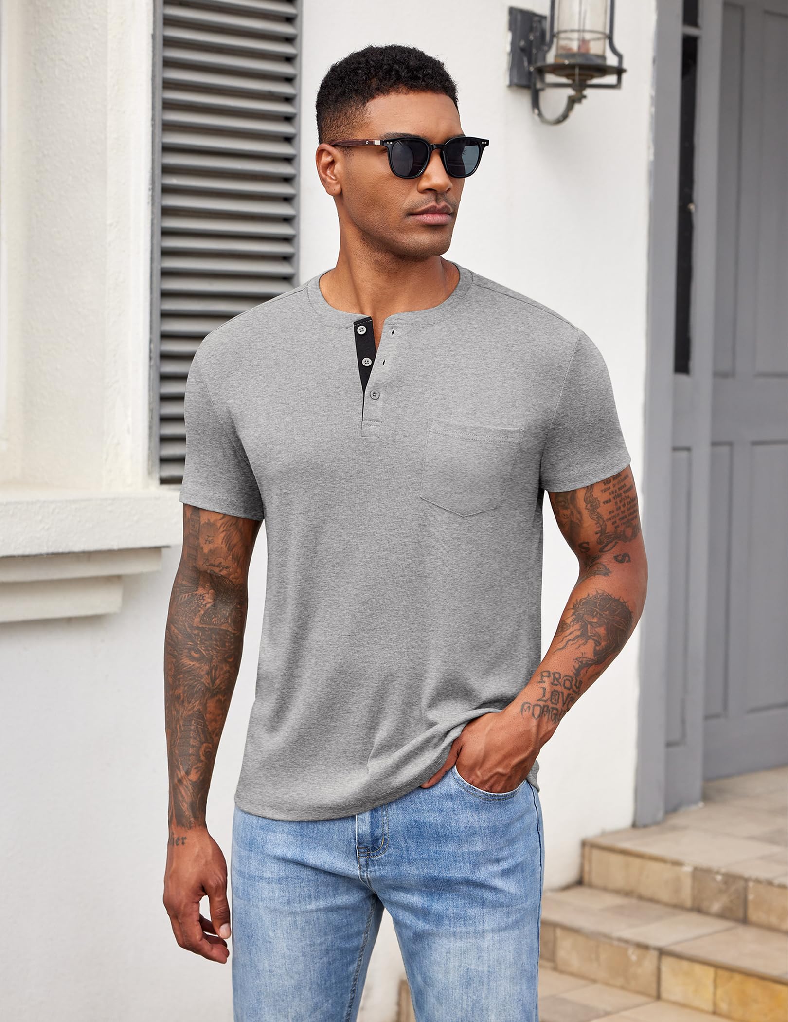 COOFANDY Henley, maglietta estiva da uomo, maglietta con tasca, a maniche corte, da uomo, in tinta unita, con bottoni
