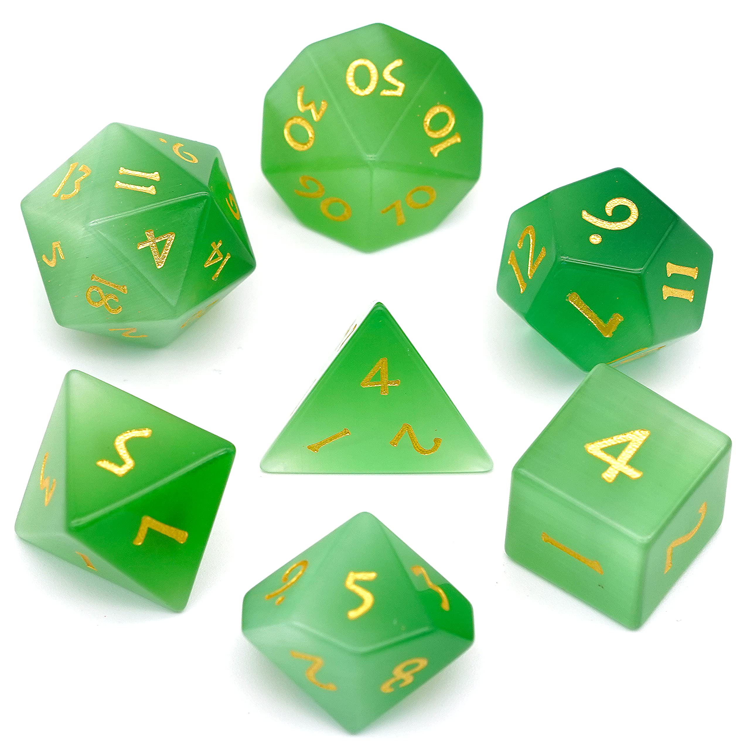 World of Dice - Katzenauge Edition - edles Würfelset aus echtem Schmuckstein, 7-teiliges Würfelset für RPG, Pen and Paper, DND, DSA, D4 bis D20
