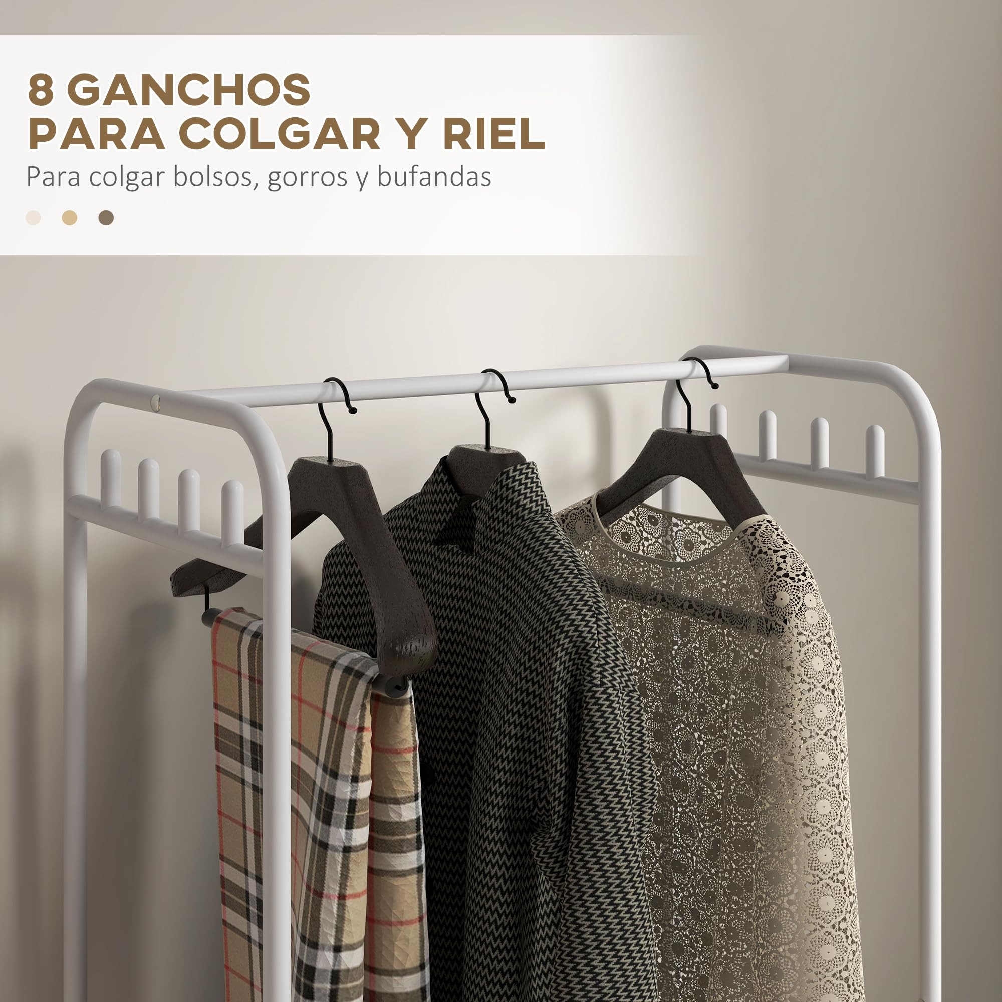 HOMCOM Perchero con Zapatero Moderno con 8 Ganchos 63x37x153 cm Blanco | 4 Cestas para Zapatos, Perchero Entrada, con Ruedas, Marco de Acero, para Salón Dormitorio Pasillo