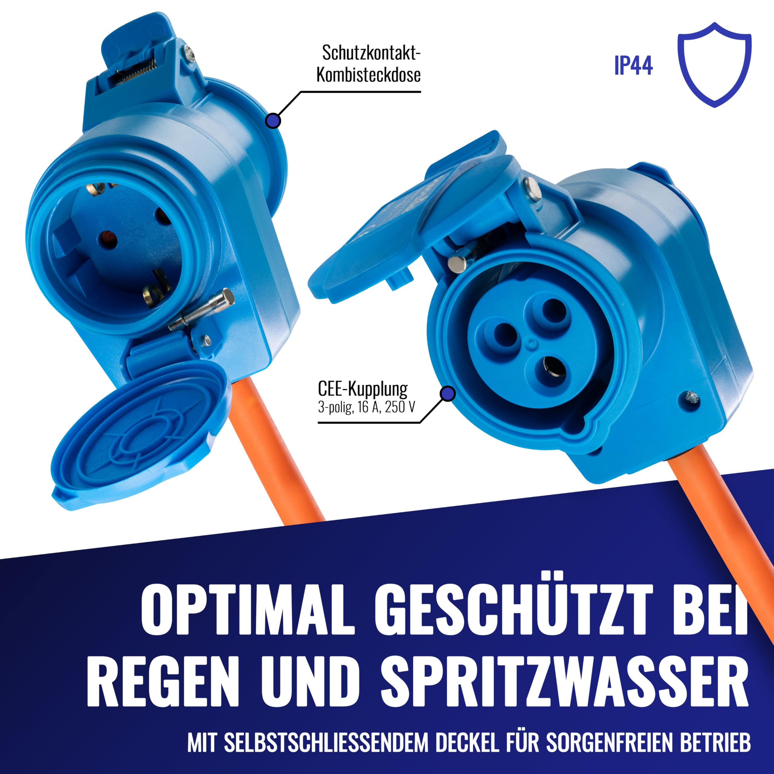 Poppstar Camping CEE Kabel 25m mit Schuko (CEE Stecker 3-polig auf CEE-Dose + Schutzkontakt-Steckdose Typ F), 230V/16A, IP44, H07RN-F 3G2.5
