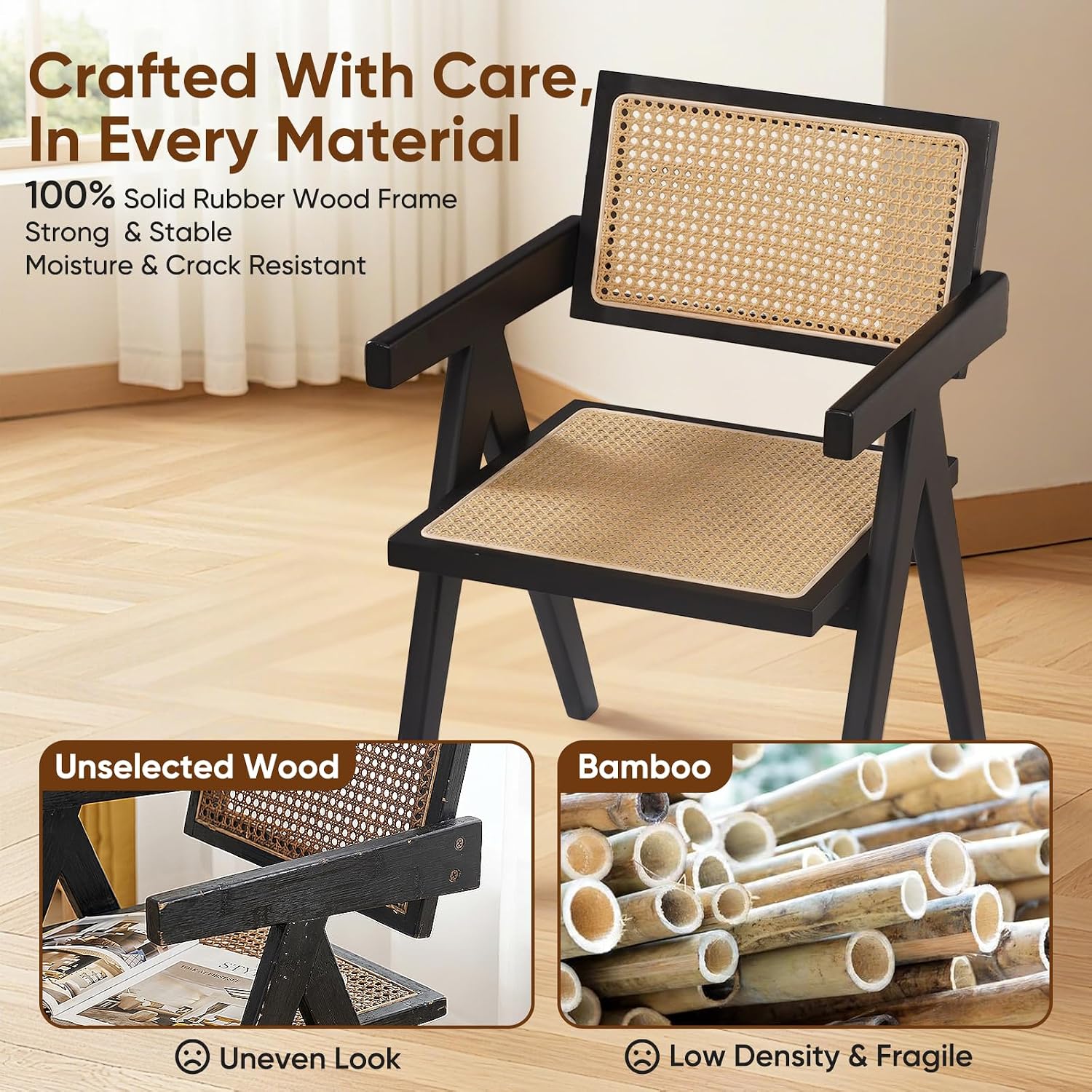 Accent Chairs Set of 2, Solid Wooden Rattan Chairs Cane Armless Vintage Black Mid Century Modern Dining Chairs for Living Room, Farmhouse, Sunroom, Bedroom, Dining Room, Kitchen, Library, Patio