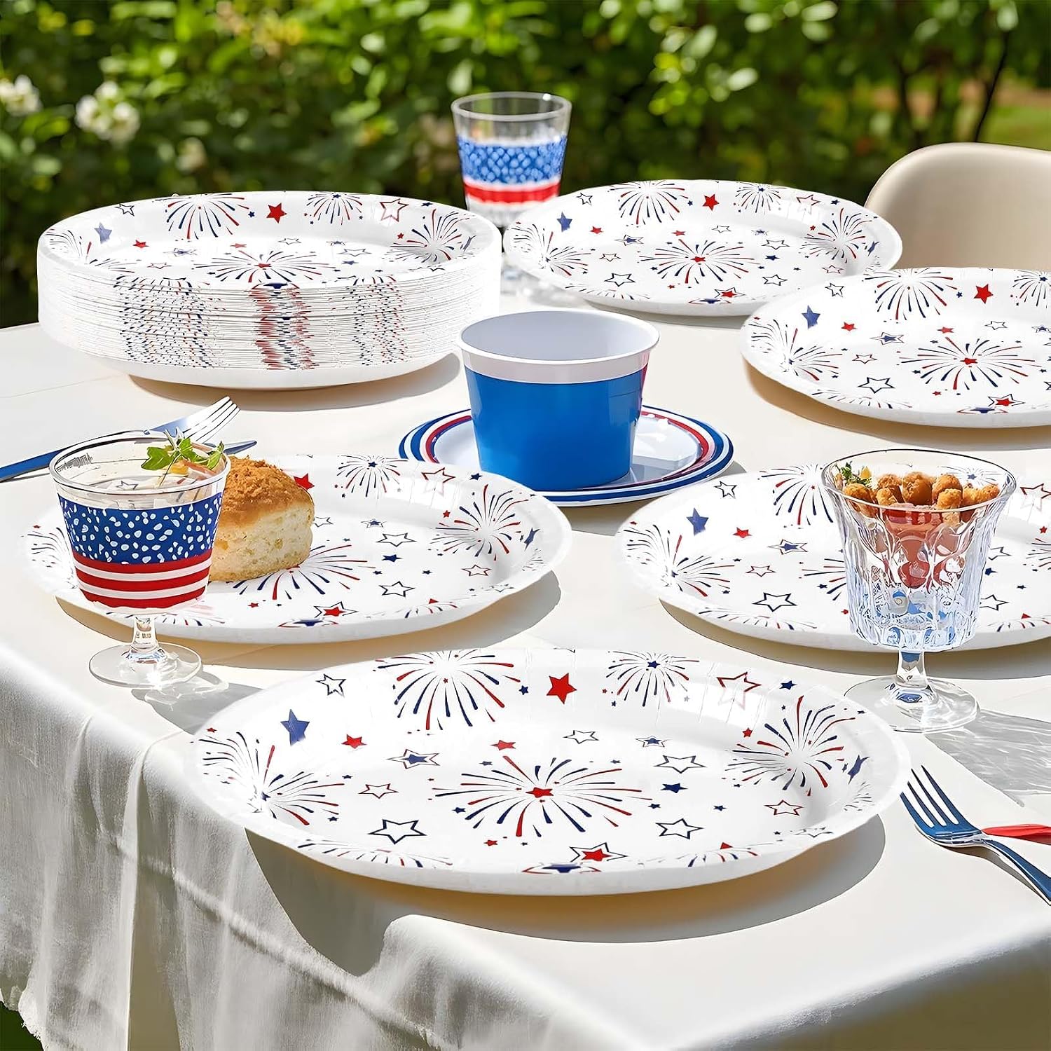 Grencian 50Pcs Patriotic Oval Paper Plates 10" x 12" Memorial Day Red Blue White Firework Star Plate American 4th of July Plates for Memorial Day Veterans Independence National Party Decorations