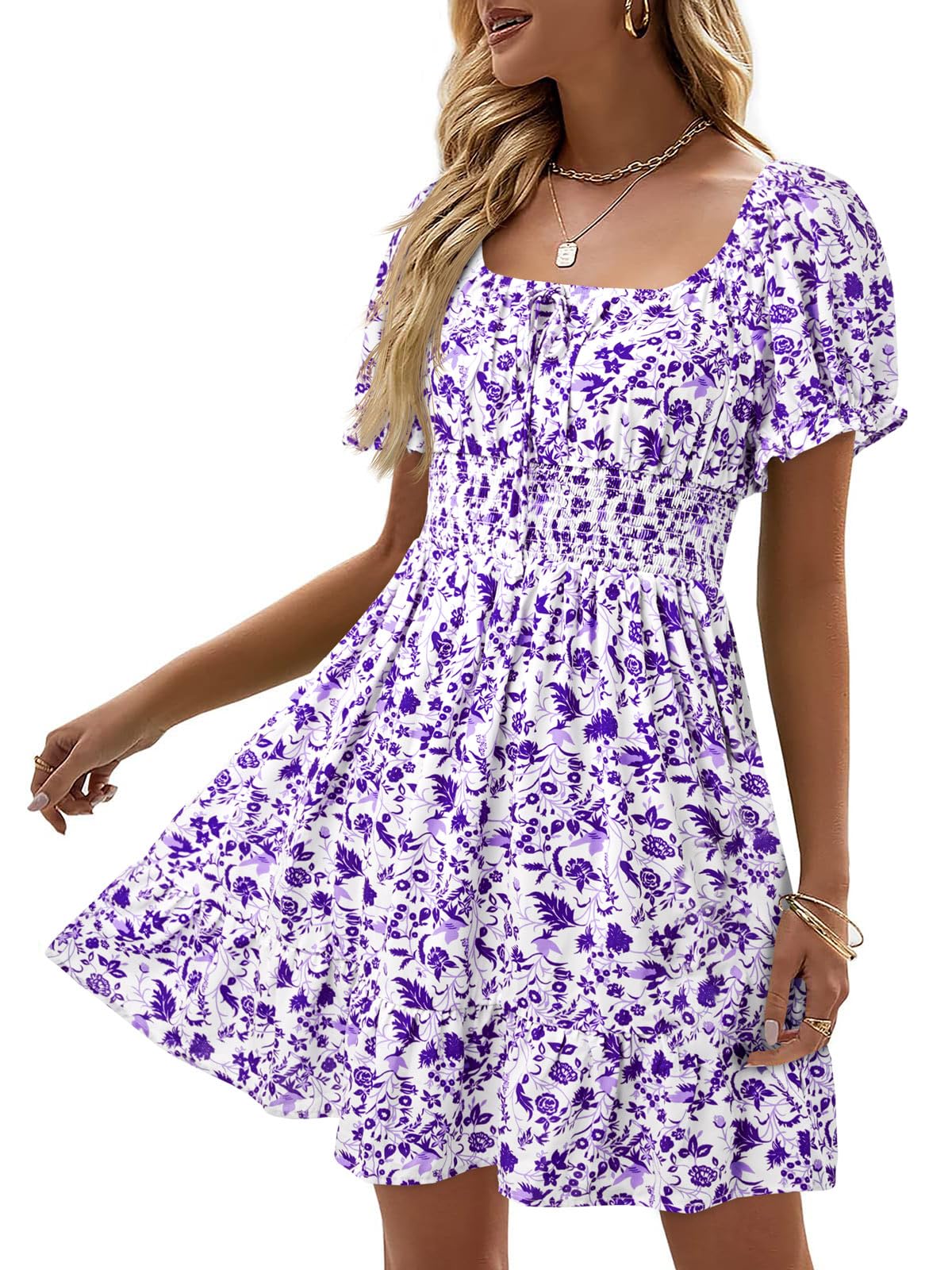 Heysolo Womens Boho Floral Smocked Square Neck Short Sleeve Ruffle Beach Summer Mini Dress