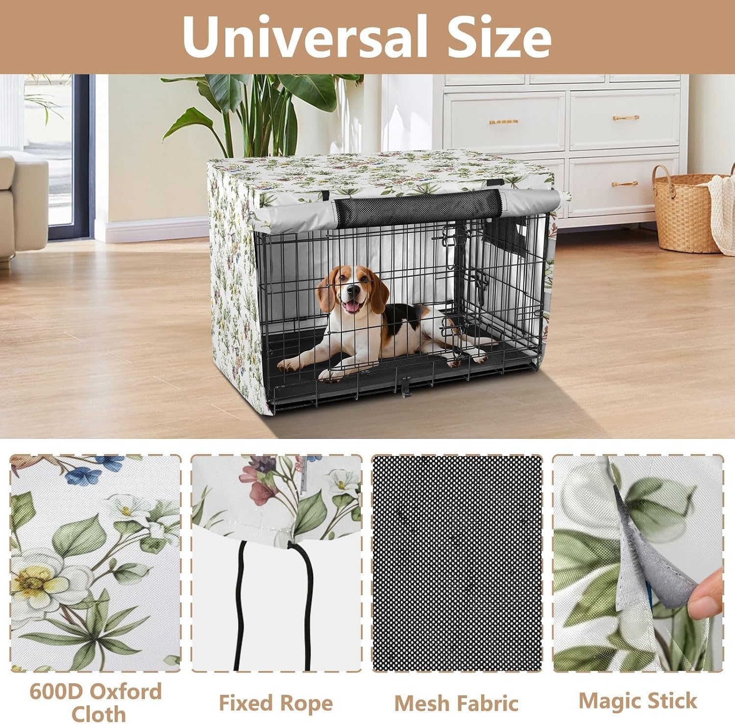 Flower Bird Watercolor Dog Crate Cover 600D Oxford Pet Kennel Cover with Mesh Window for Dog Cages, Windproof Waterproof Machine Washable, 42"x28"x30"