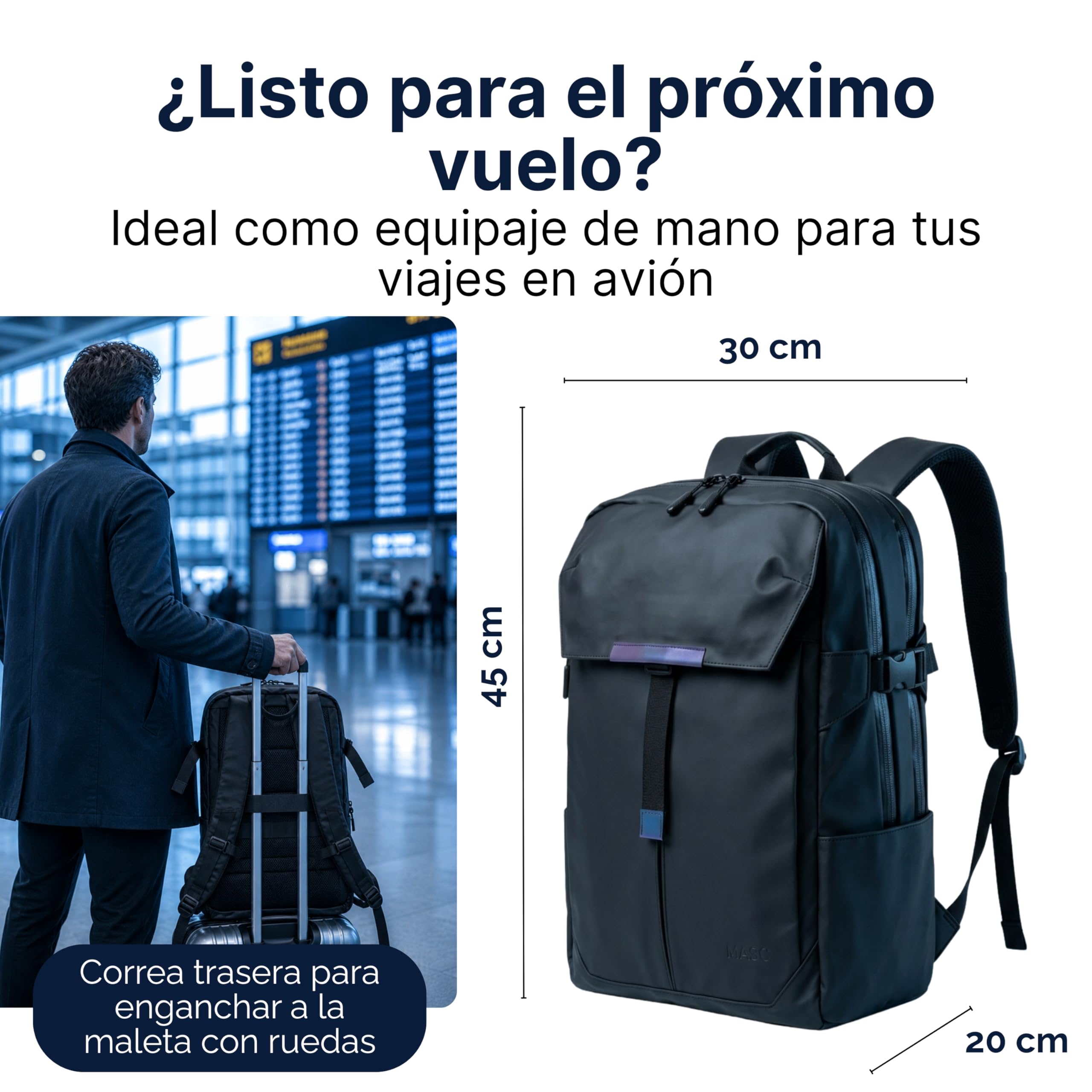 MASC Mochila de Viaje Impermeable y Ergonómica con Múltiples Compartimentos, 27L, ideal como Mochila de Trabajo con espacio para un Portátil de 18 pulgadas, Elegante para la Oficina