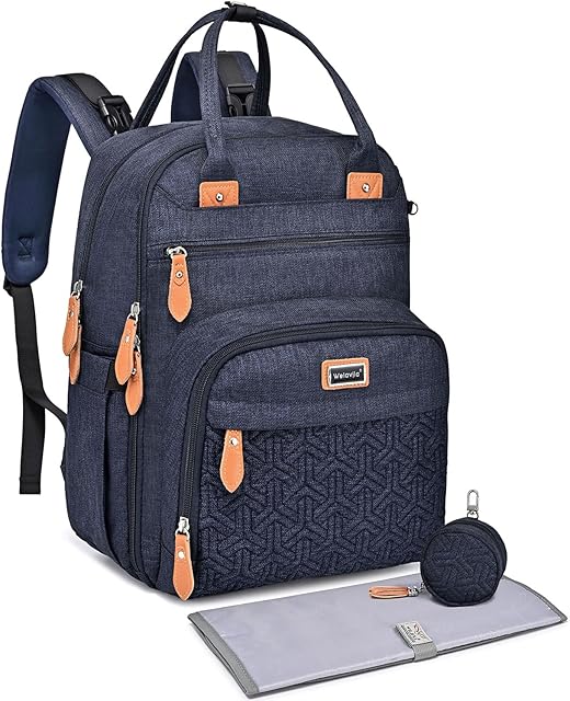 Welavila Changing Bag Backpack, Baby Nappy Diaper Bag, Unisex Travel Back Pack with Changing Mat & Pacifier Holder for Mom & Dad (Navy Blue)