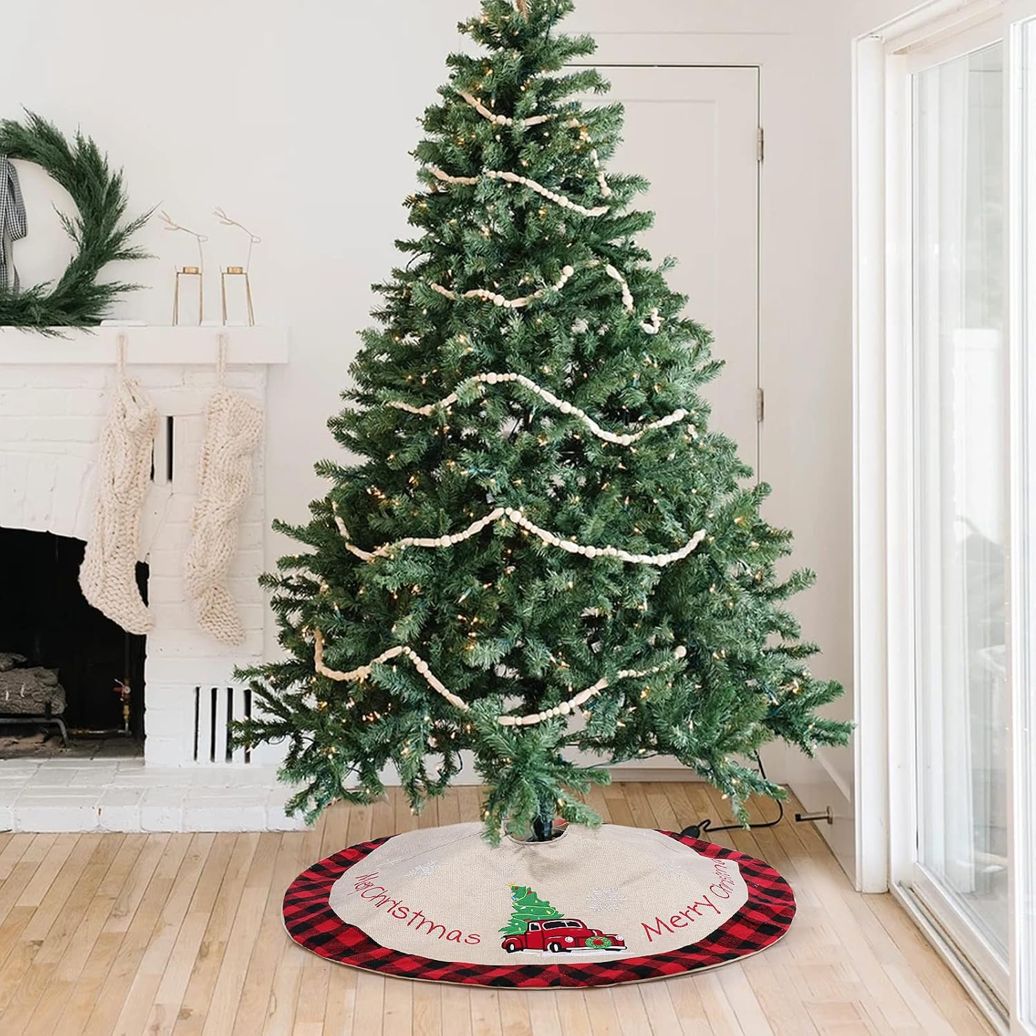 HAUMENLY Burlap Christmas Tree Skirt, Buffalo Plaid Tree Skirt Pickup Red Truck Xmas Tree Holiday Party Decoration - 32 Inches