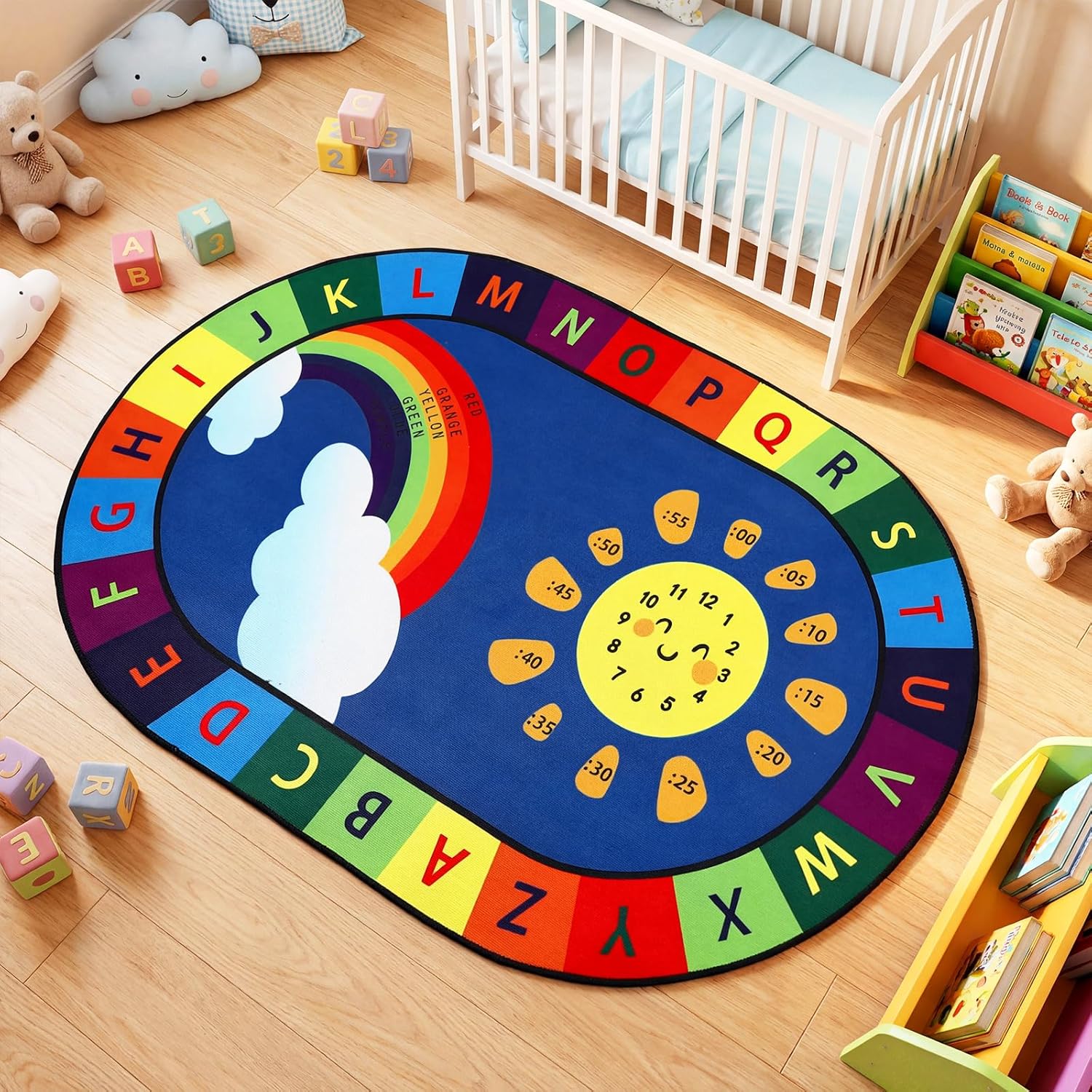Dunzy 3 x 4ft Playroom Educational Rug Library Educational and Fun Play Mat with ABC Alphabet for Learning Alphabet, Numbers, Colors and Clocks Reading Corner Play Mat for Classroom Game Activity