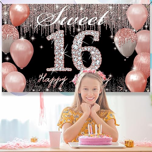 Miniatura 3 de Cartel de fondo de decoración de fiesta con el número 16 de Happy Sweet 16, decoraciones de dulces dieciséis para niñas, oro rosa, letrero de feliz