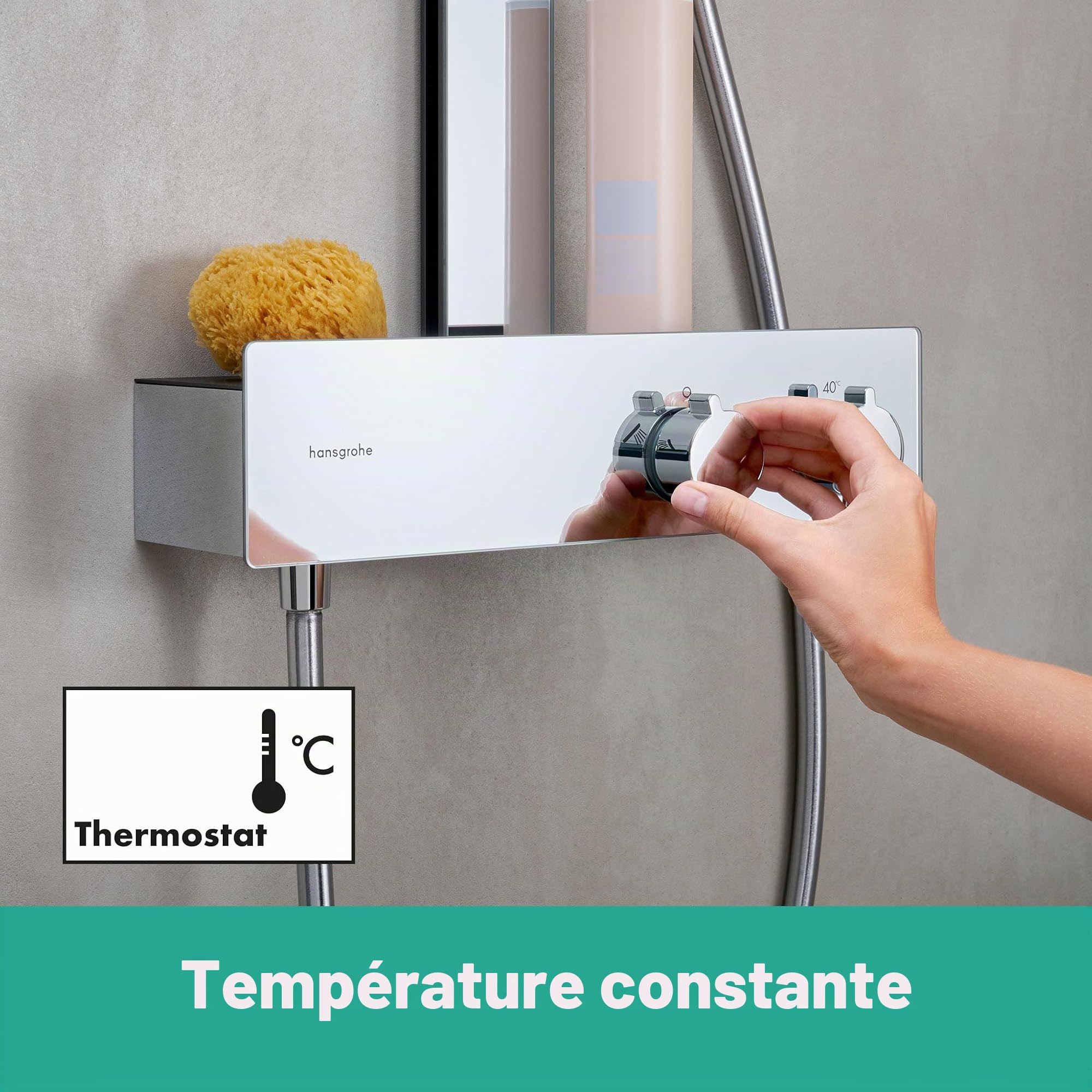 hansgrohe Rainfinity - Colonne de douche avec mitigeur thermostatique, douche pluie 360 mm avec robinet, douchette (3 jets), support, flexible, barre et douche de tête ronde 1 jet, Chromé, 26853000