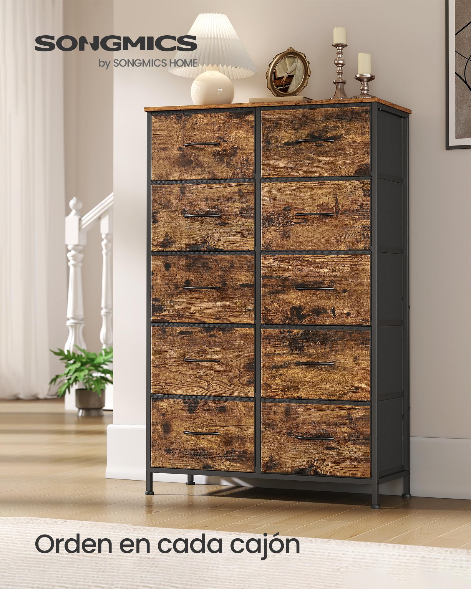 SONGMICS Cómoda, 10 Cajones, Acero | Cómoda para Dormitorio, Armario, Pasillo, Salón, Marrón Rústico y Negro Tinta, Colección BELLAH LGS125BH04