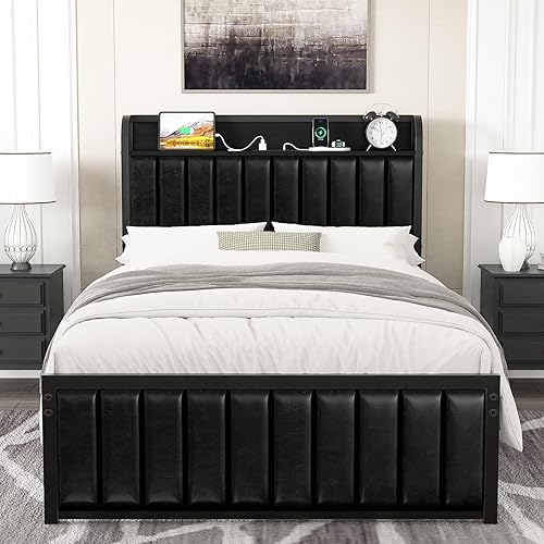 VECELO Base de cama individual, cabecera tapizada de almacenamiento con estación de carga, marco de cama de plataforma, listones de metal Negro y