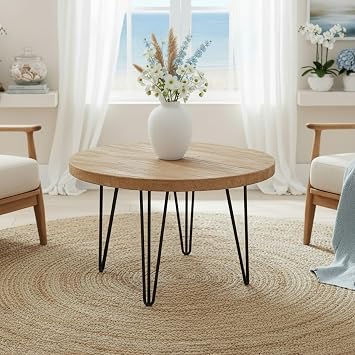 WELLAND Reclaimed Old Elm Round Coffee Table 27.5"x27.5"x16" H Rustic Vintage Accent Table for Living Room Patio Bedroom Home Office