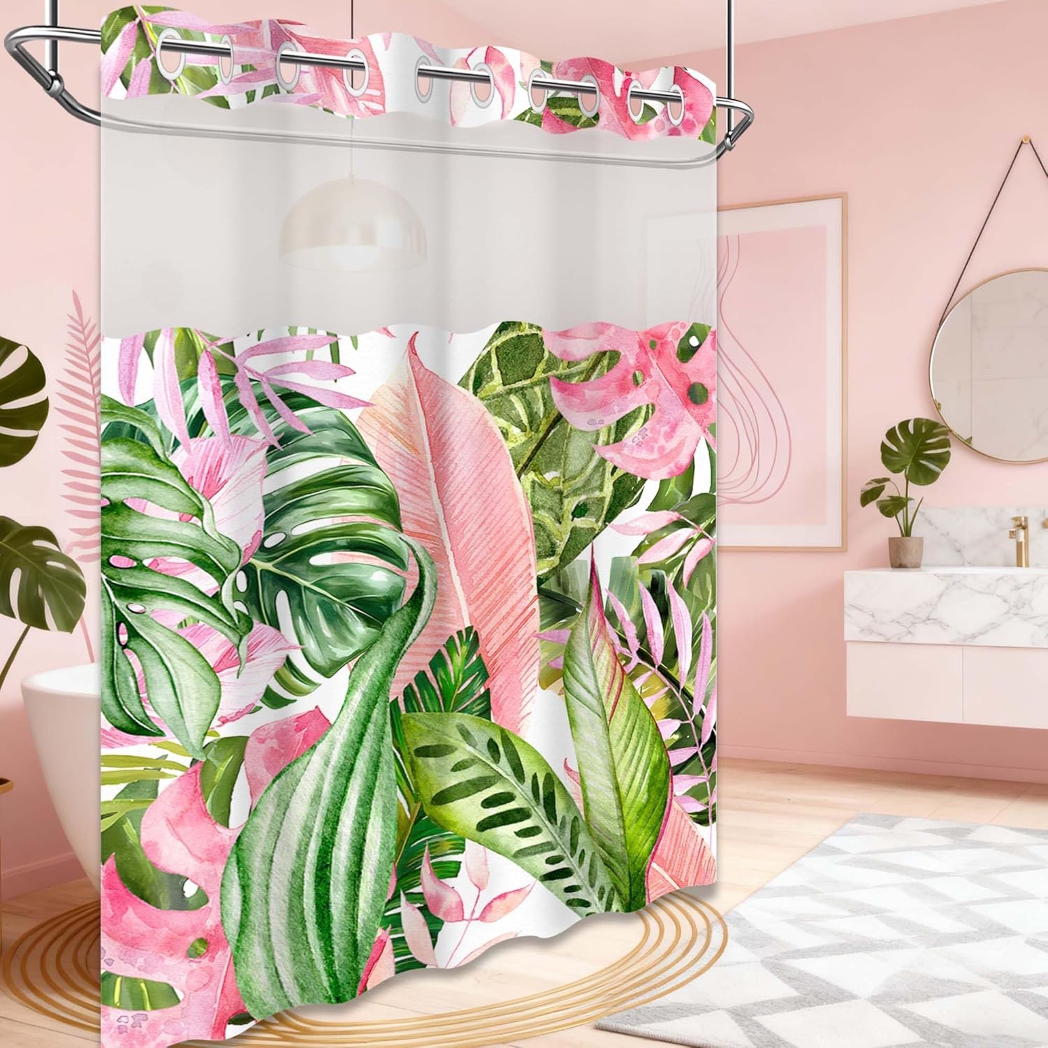 Pink and Green Tropical Palm Leaf Shower Curtain with Snap in Liner, Monstera Leaves Jungle Plant No Hook Double Layer Shower Curtains and Liner Set, Waterproof Cloth Fabric, 71" W X 74" L