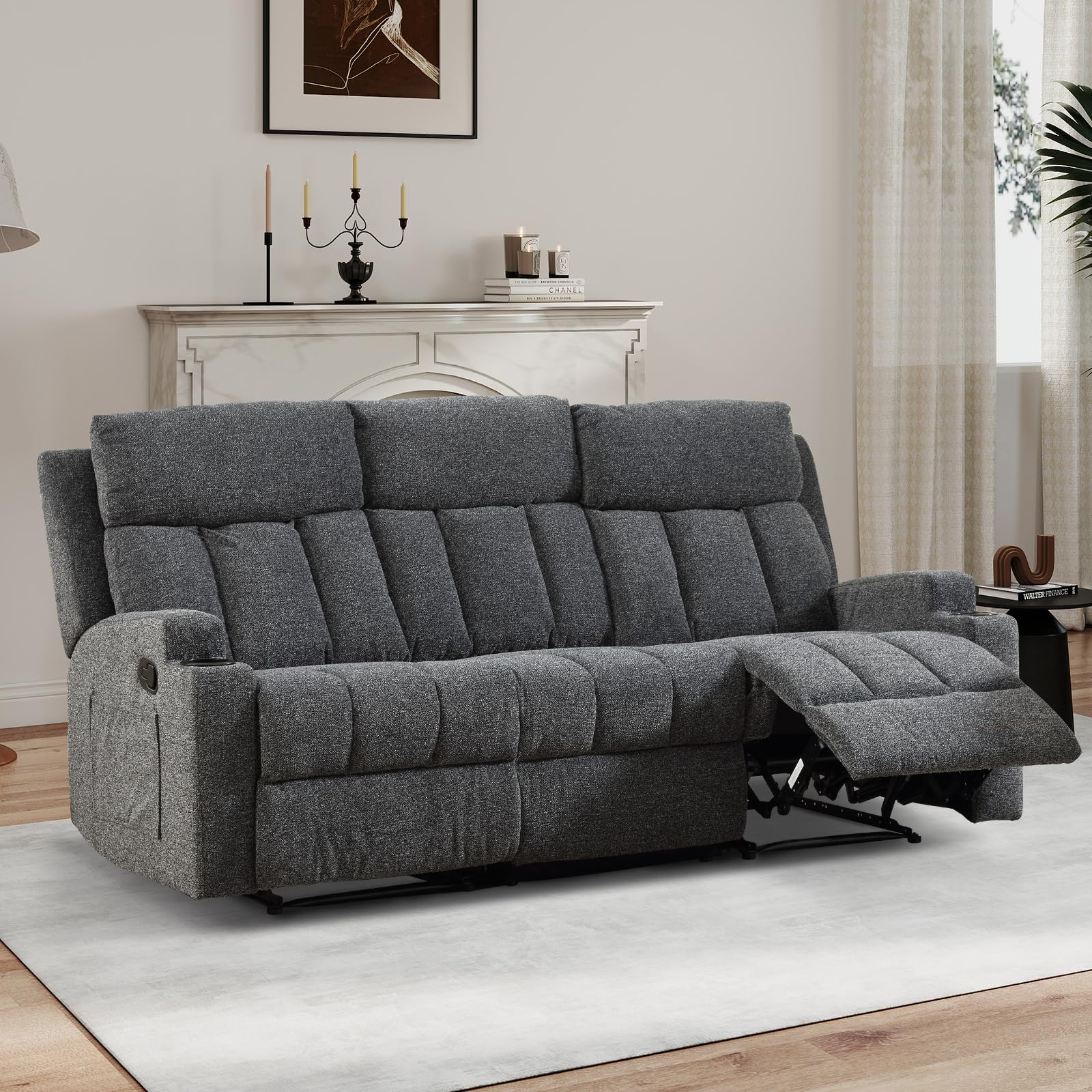 CANMOV Manual Recliner Sofa Set, Fabric Reclining Sofa Chair with Side Pockets and Cup Holders, Living Room Set Includes 3 Seat&Loveseat for Bedroom, Meeting Room, Home Theater, Dark Grey view 9