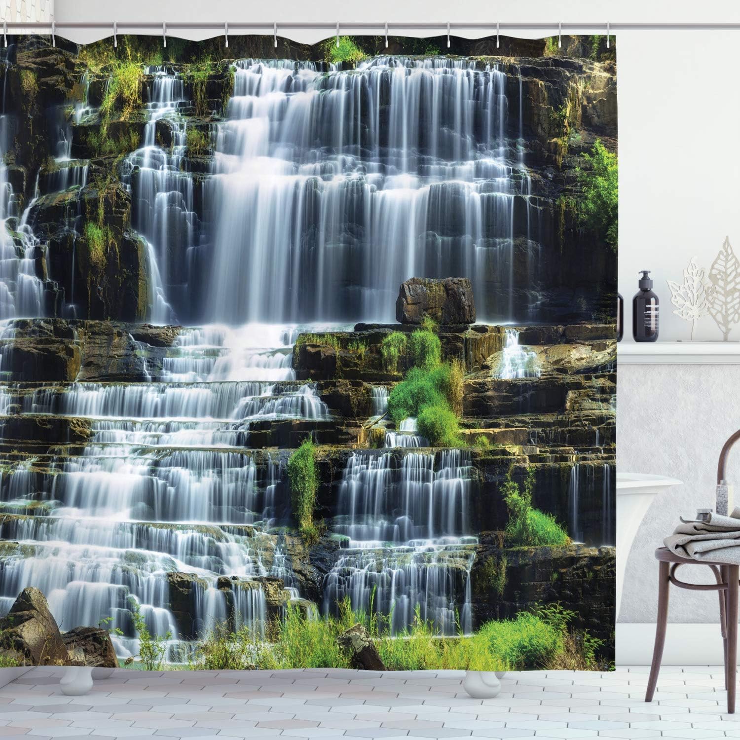 Ambesonne Rainforest Shower Curtain, Waterfall in The Middle of Tropical Jungle Natural Scenery Countryside Style, Cloth Fabric Bathroom Decor Set with Hooks, 69" W x 70" L, Green White