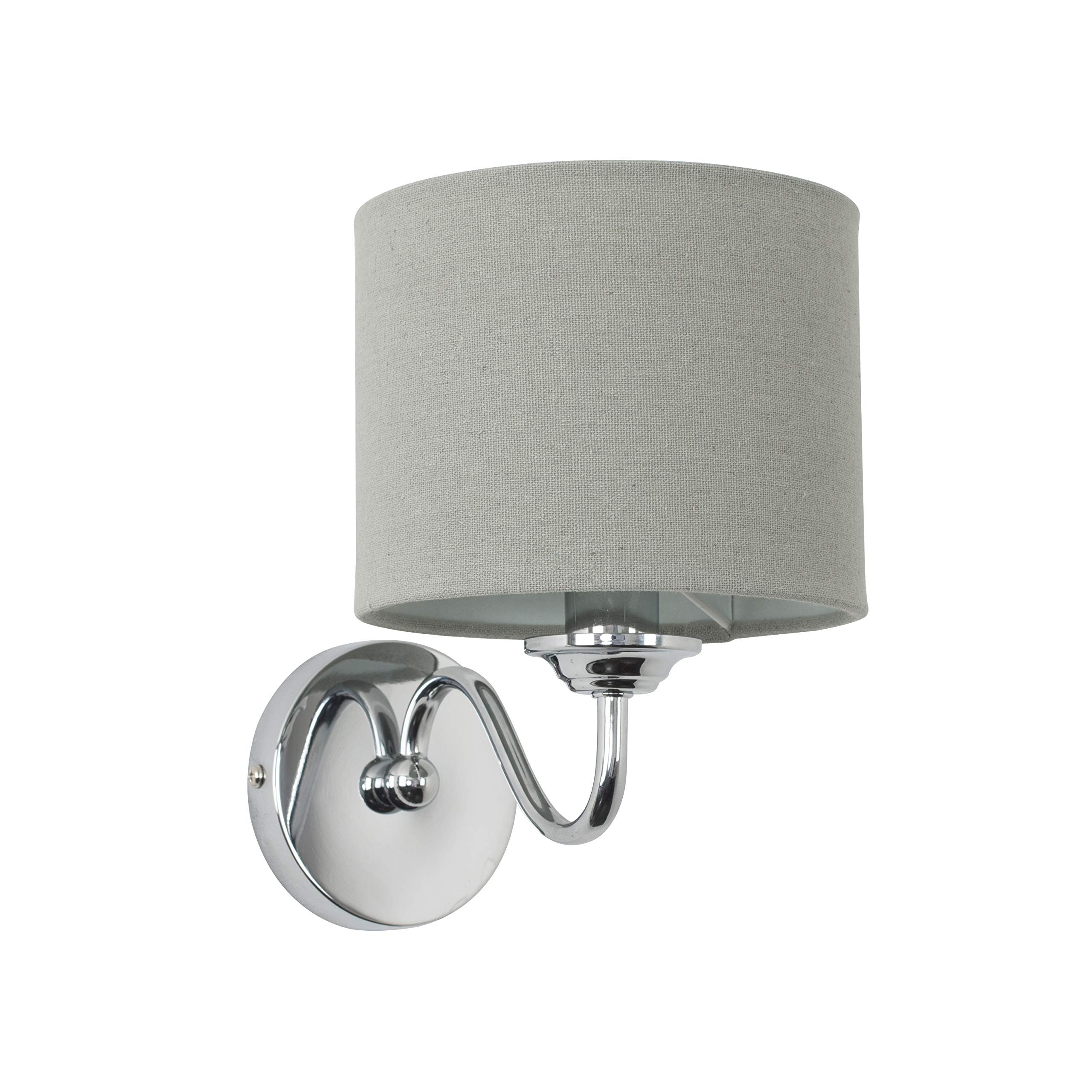 MiniSun | Modern Chrome Curved Arm Wall Light Fittings with Grey Linen Drum Shades | Wall Lamps & Sconces, Home Décor Essential | Set of 2 | Includes 4W LED Bulbs [3000K Warm White] | Mains Wired