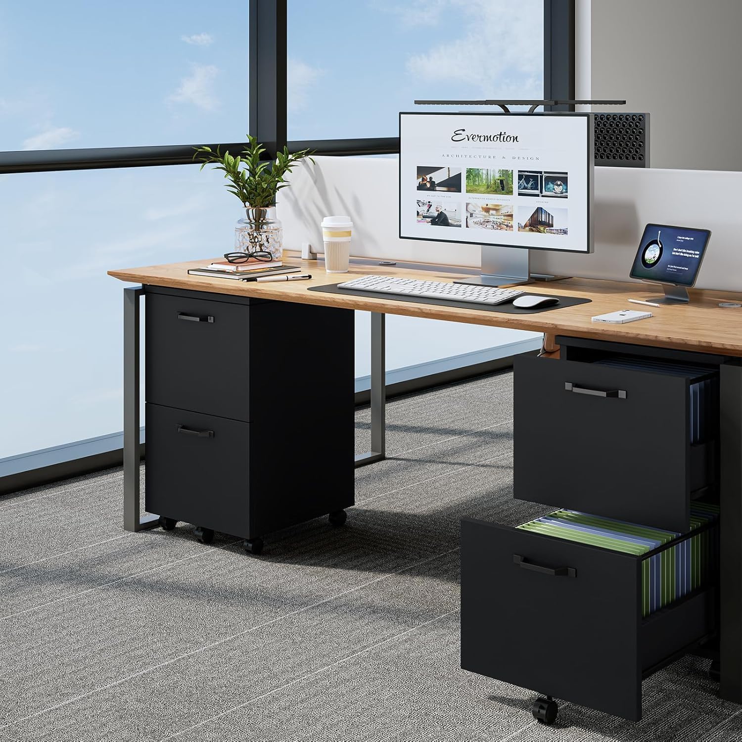 2 Drawer Filing Cabinet, Wood Rolling Filing Cabinets with Printer Stand, Under Desk Storage Lockable Wheels, Home Office Organizer for A4 Letter Legal Size Documents,Black