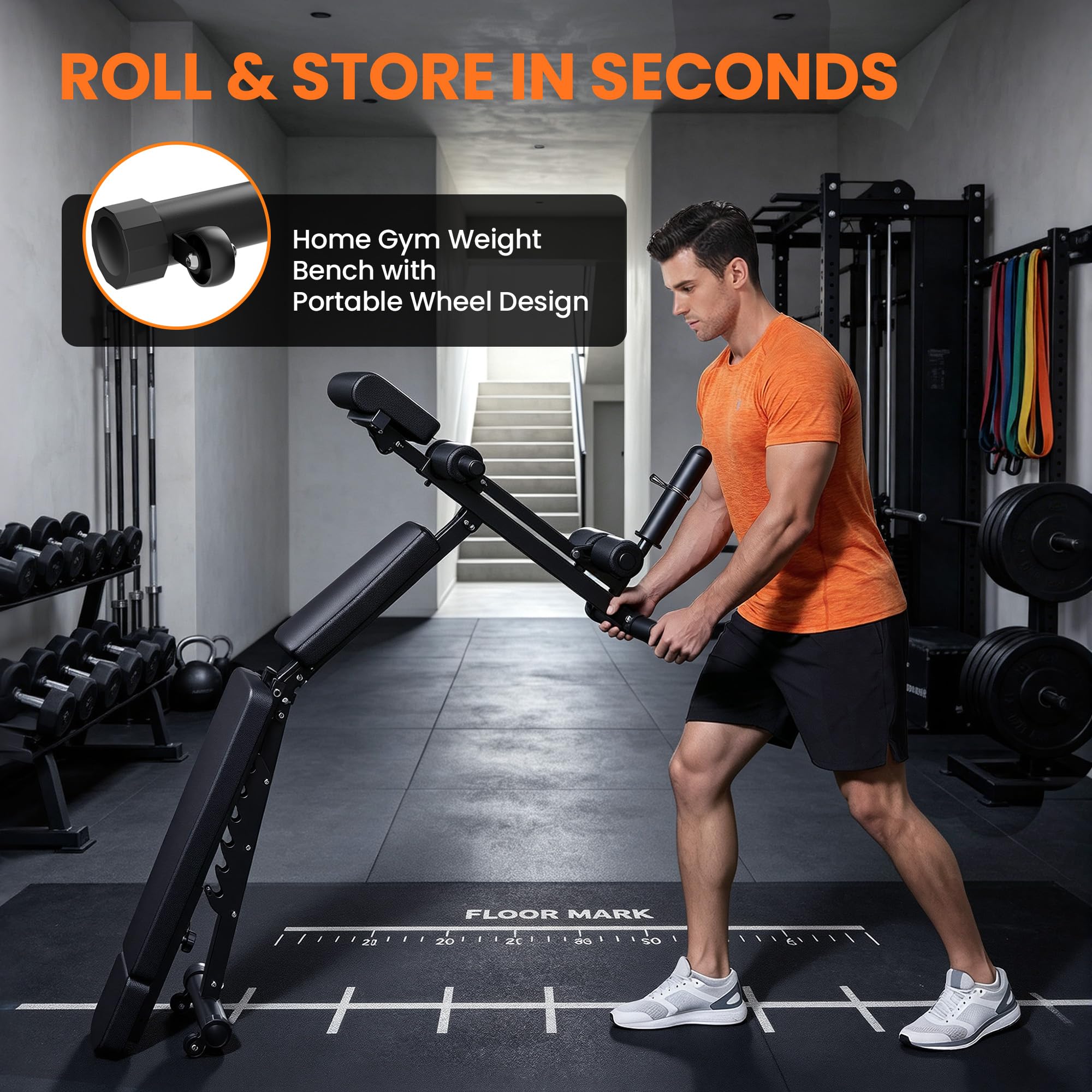 Adjustable Workout Bench, Weight Bench for Home Gym, Preacher Curl Bench with Leg Extension for Full Body Training Fitness, Foldable Incline Flat Decline Sit Up Bench Equipment for Bench Press Dumbbell Exercise with Wheels