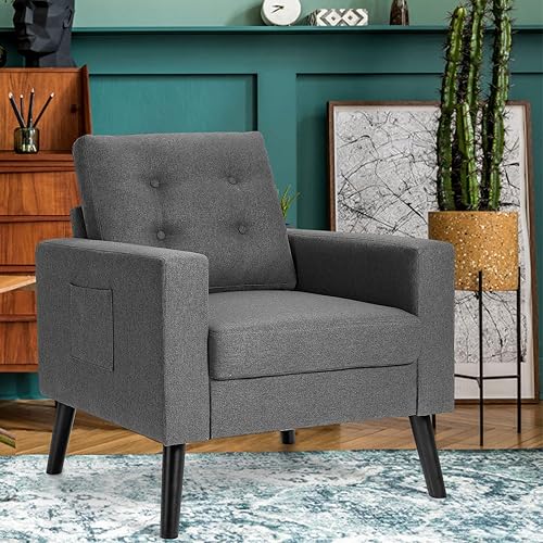 Miniatura 31 de Giantex Silla decorativa moderna, sillón tapizado de mediados de siglo con patas de madera de goma, tela de lino patentada, sofá individual para