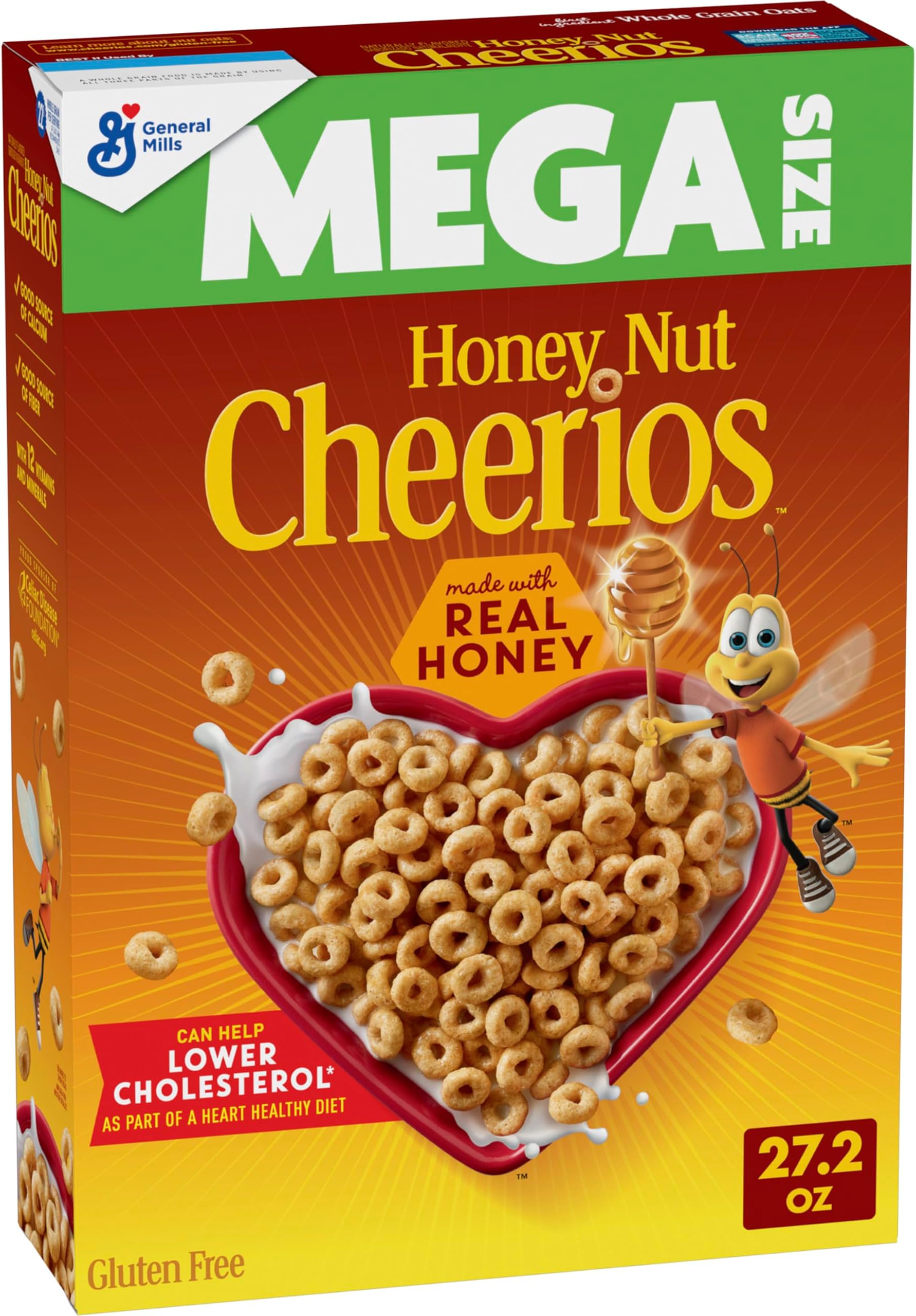 Honey Nut Cheerios Cereal, Limited Edition Heart Shapes, Affirmations Box, Heart Healthy, Gluten Free, Mega Size, 27.2 oz