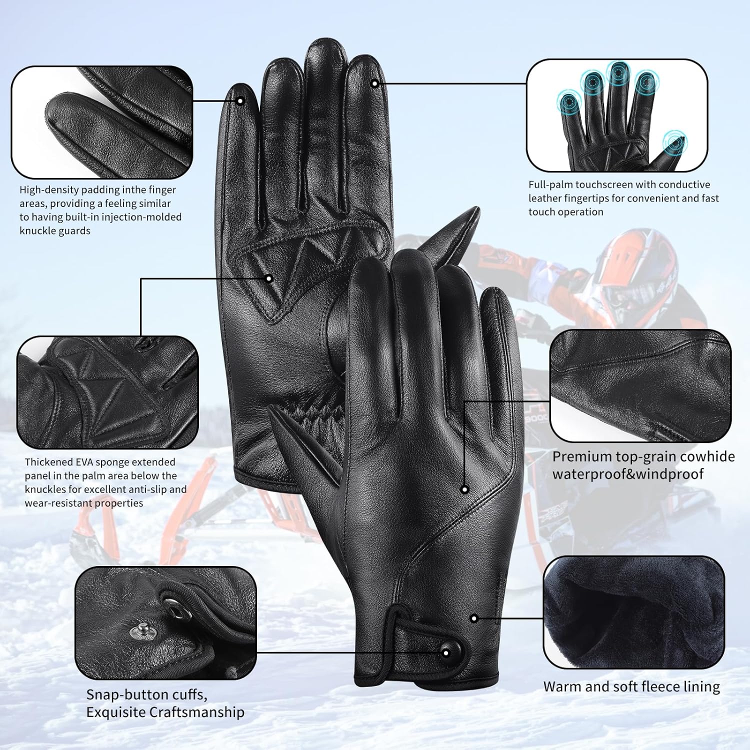 Aegend Cowhide Leather Gloves for Men, Full Hand Touchscreen Anti-Slip Thermal Winter Gloves Driving Motorcycle Gloves Winter Work Thorn Proof & Abrasion Resistant - Image 3