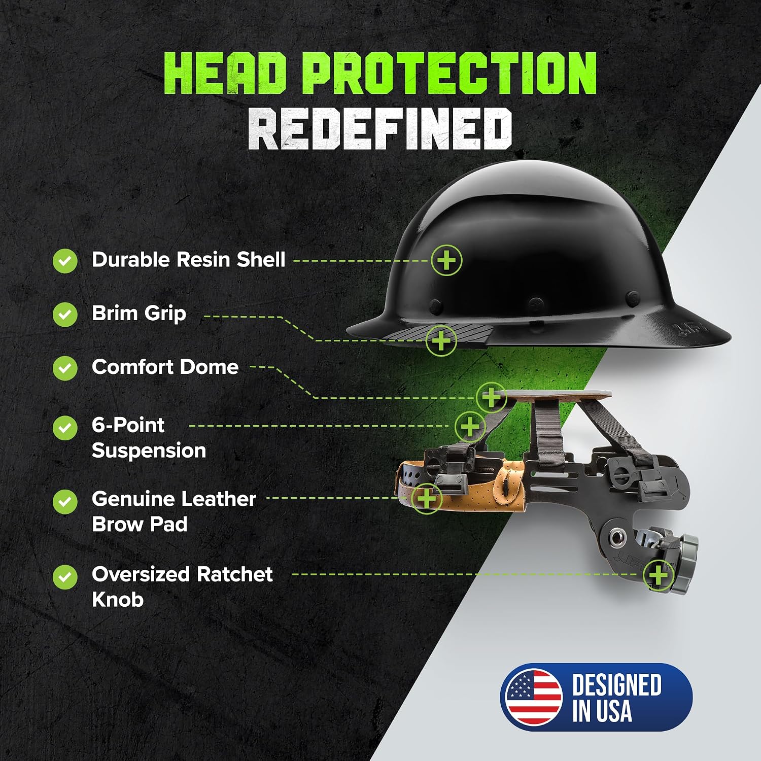 LIFT SAFETY Dax Fiber Resin Full Brim Safety Helmet/Hard Hat | 6 Point Suspension for Comfort & Impact Protection