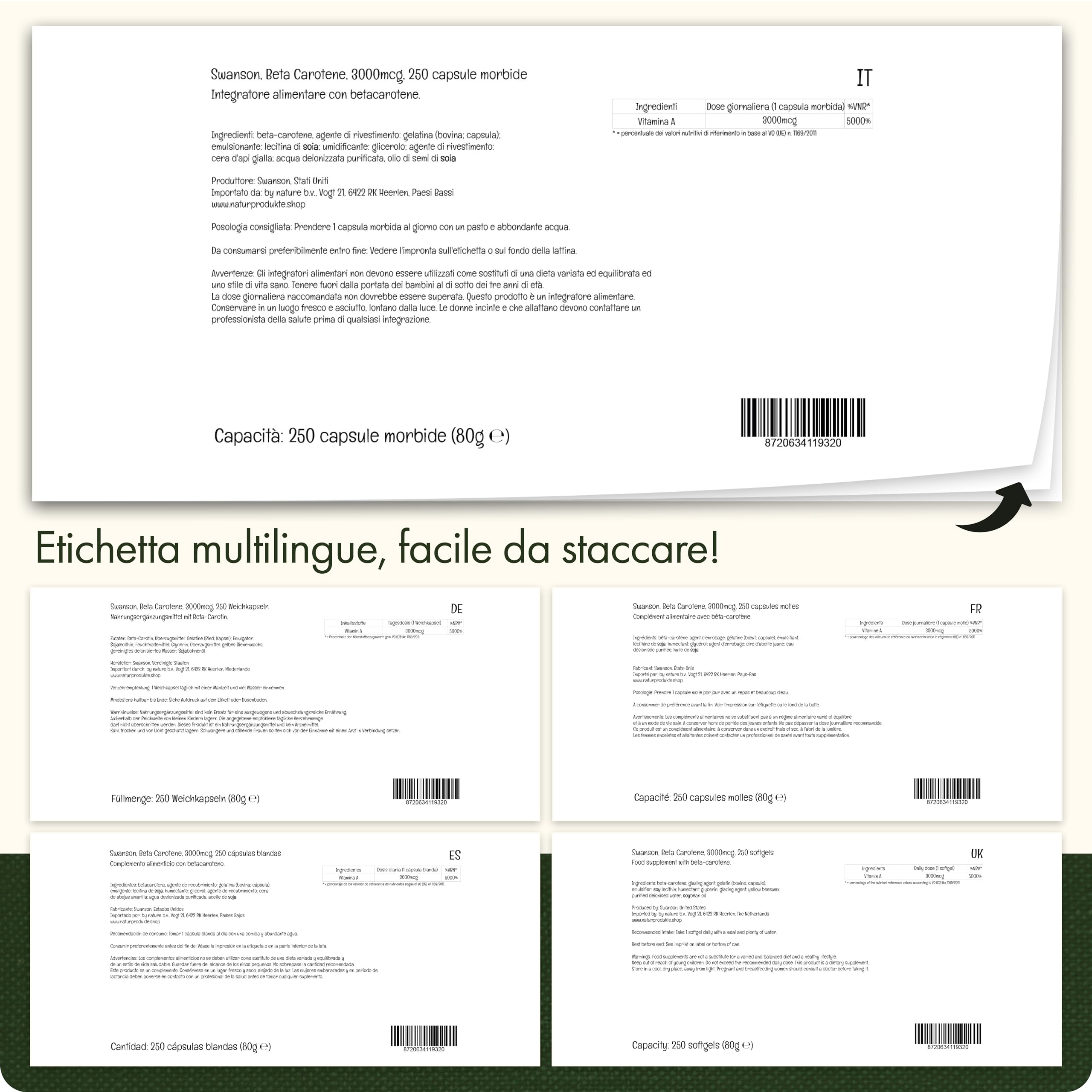 Swanson, Beta Carotene, 10.000IU (3.000mcg), 250 Capsule morbide, Altamente Dosato, Testato in Laboratorio, Senza Glutine, Non OGM