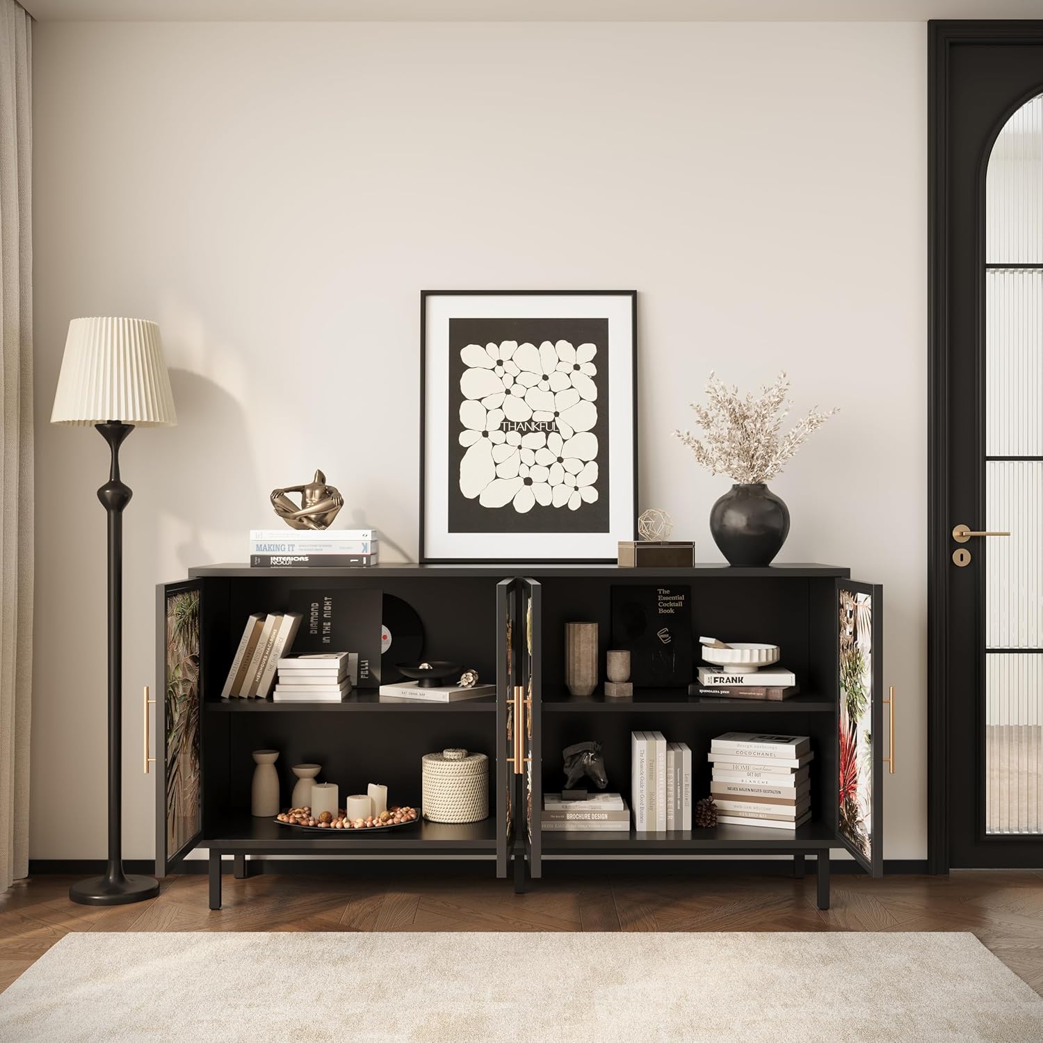 GDFStudio 60.3" Retro Buffet Sideboard Cabinet with 4 Glass Doors, Modern Glazed Painting Art Storage Cabinet Console Table, Artistic Tropical Glass Credenza Buffet for Living Room Dining Room, Black