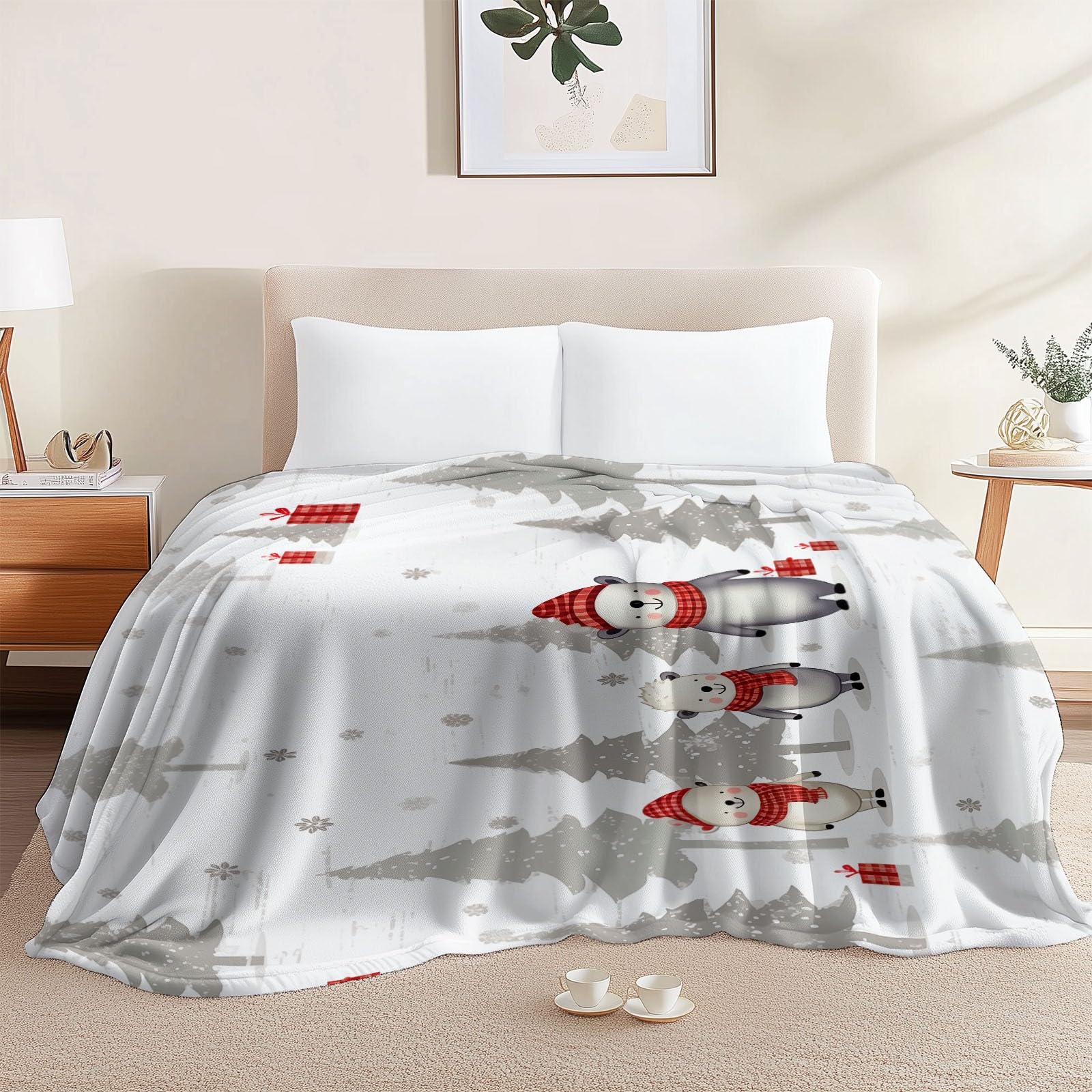 Manta Decorativa Blanco grisáceo Rojo, Estampada Elementos navideños Lindo Oso Pino, Suave y acogedora Manta de Franela para Cama sofá sillón y Silla, Adecuada para Todas Las Estaciones, 150×200 cm