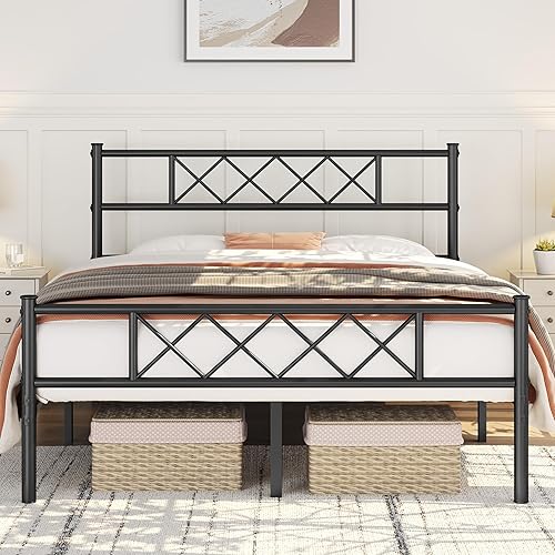 Miniatura 15 de Topeakmart Base de cama de metal negro con cabecero, base de colchón, cama de plataforma, base de cama con listones, tamaño individual Negro,Blanco