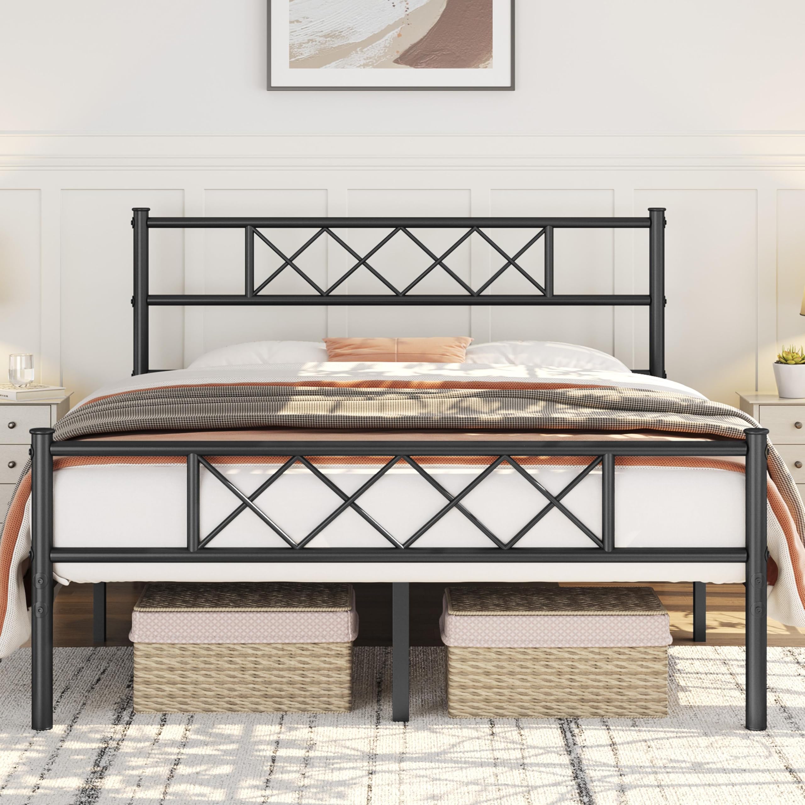Topeakmart Wrought Iron Full Bed Frame,Metal Black Platform with Headboard and Footboard,Mattress Foundation,No Box Spring Needed,Strong Slat Support