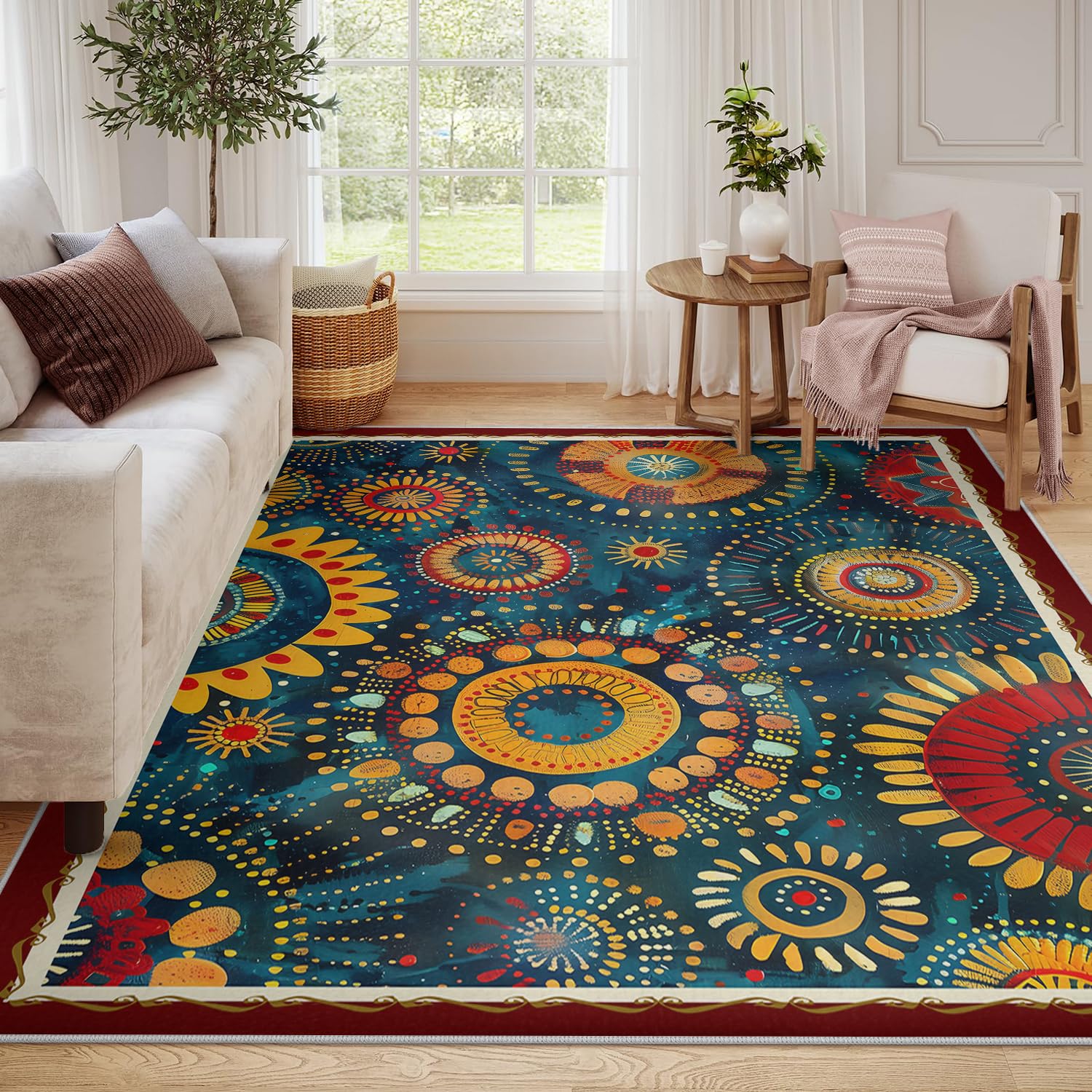 Dywaniki o wymiarach 160 x 200 cm, zmywalny, styl vintage, etniczny, cienki dywanik do salonu, sypialni, jadalni, vintage, granatowy, kwiatowy wzór kół, dywan podłogowy