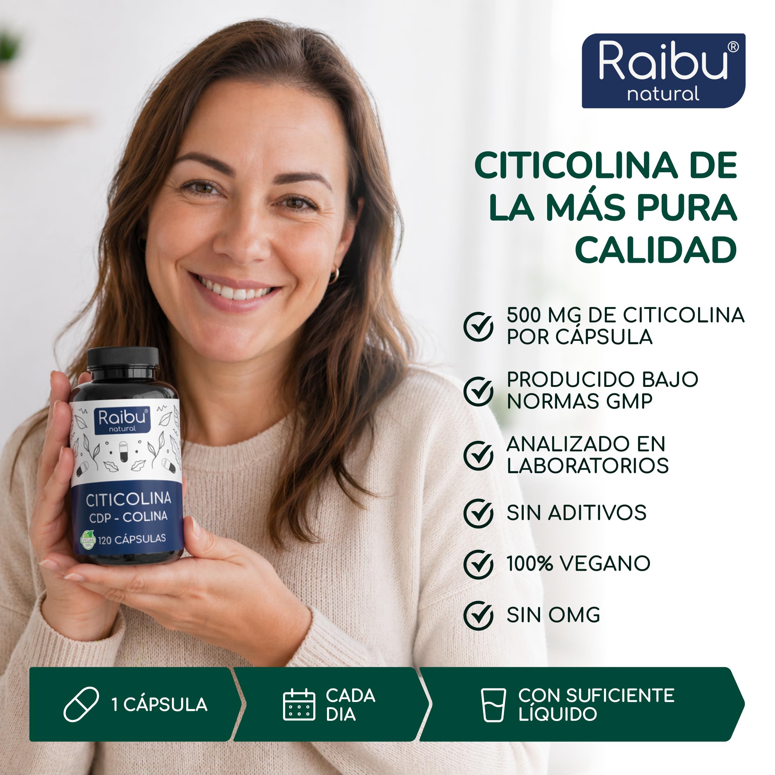 CDP-Colina (Citicolina) 500 mg Alta Dosis - 4 meses de suministro, 120 cápsulas - 1 cápsula al día, forma bioactiva - Suplemento de colina sin aditivos, vegano, testado en laboratorio