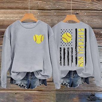 Softball Mom Sweatshirt for Women, Long Sleeve Baseball Pullvoer Tops Crewneck Lightweight Graphic American Flag Shirts Usa Flag Sweatshirt Patriotic Shirts Grey Small