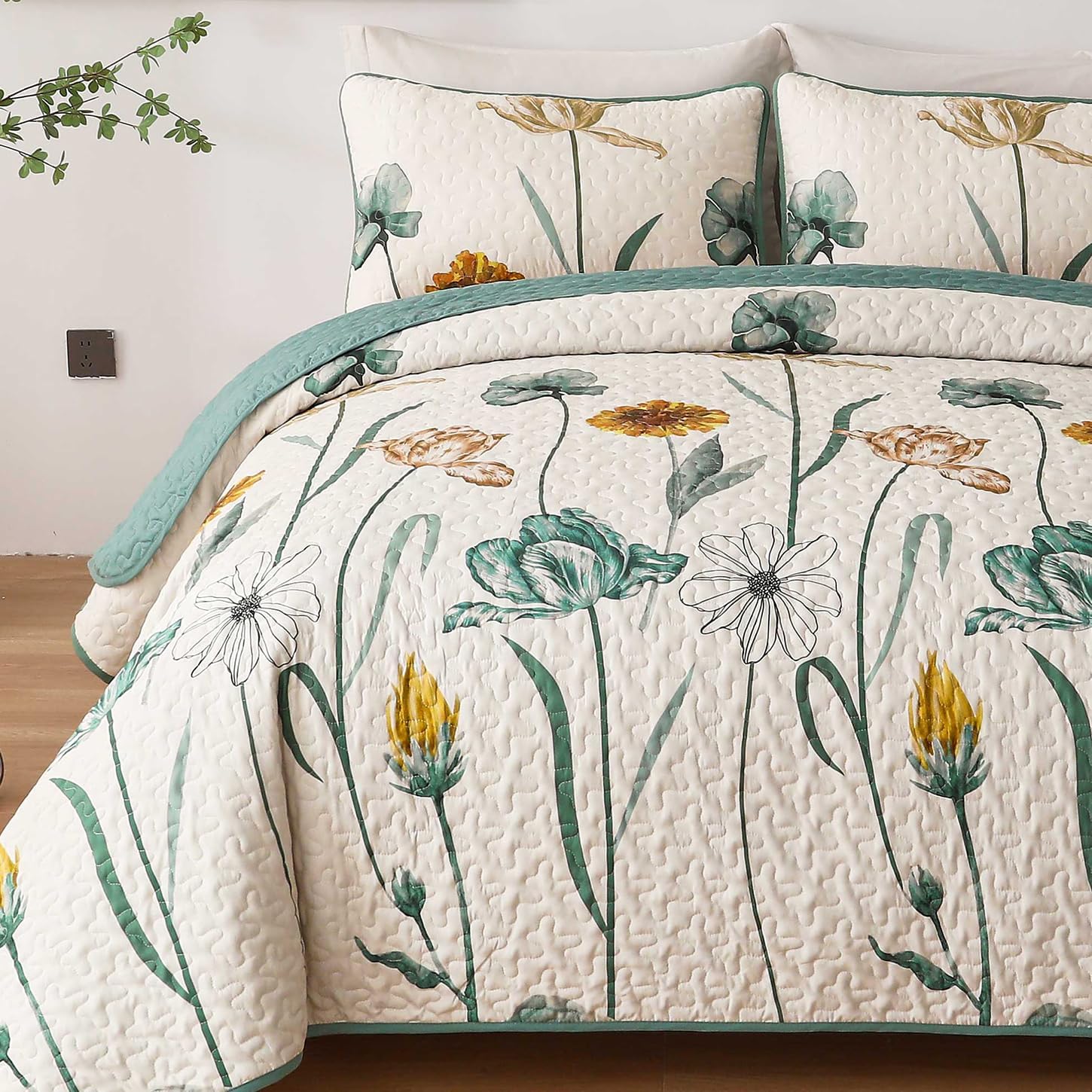 WONGS BEDDING Floral Quilt Set Queen,Green Yellow Floral Botanical Bedspread Bedding Set with 2 Pillowcase,Lightweight Spring Farmhouse Coverlet Set for All Season (96"x90") - Image 6