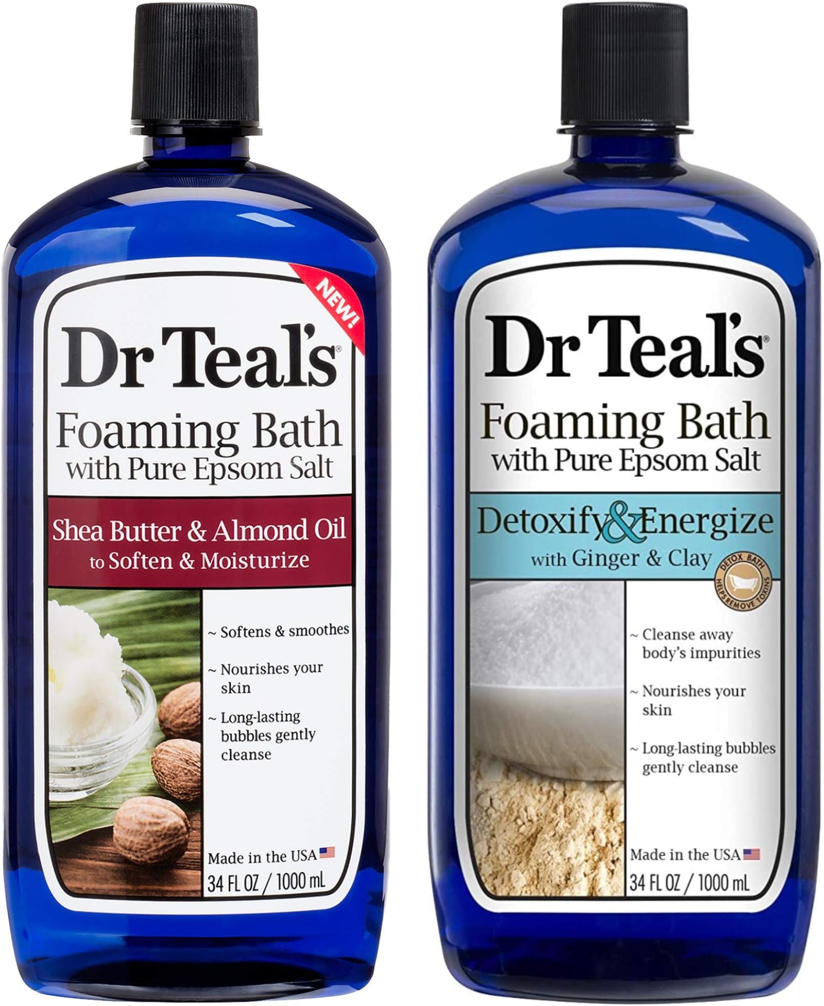 Dr. Teals Foaming Bath Variety Gift Set (2 Pack, 34oz Ea) - Soften & Moisturize Shea Butter & Almond Oil, & Detoxify & Energize Ginger & Clay - Blended with Pure Epsom Salt - at Home Spa Kit
