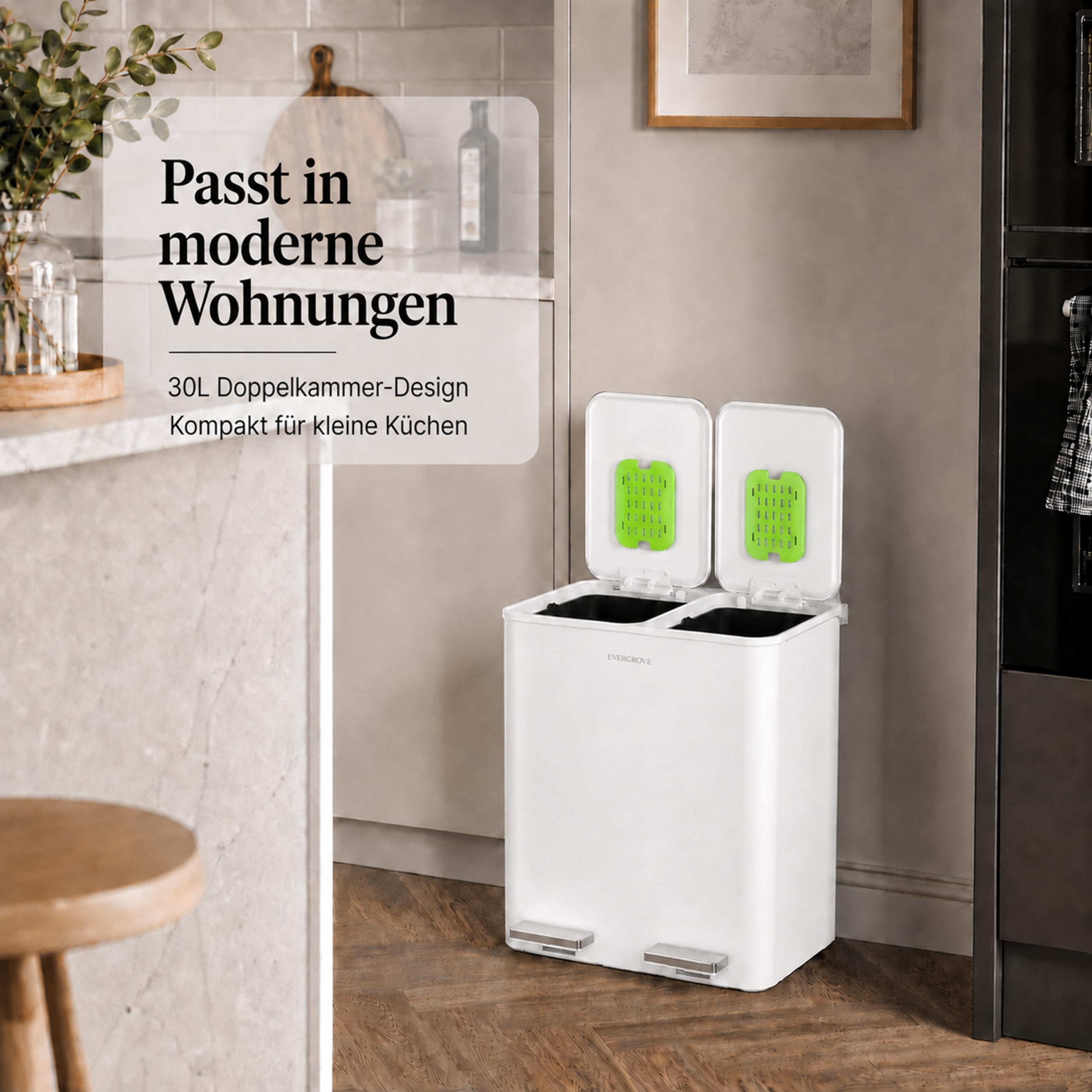 EverGrove 30-Liter-Mülltrennsystem, 2 x 15 L (Weiß) | Gehäuse, Deckel und Pedale aus Edelstahl; zwei PP-Inneneimer, sanft schließende Deckel und ein eingesetzter Geruchsfilter.