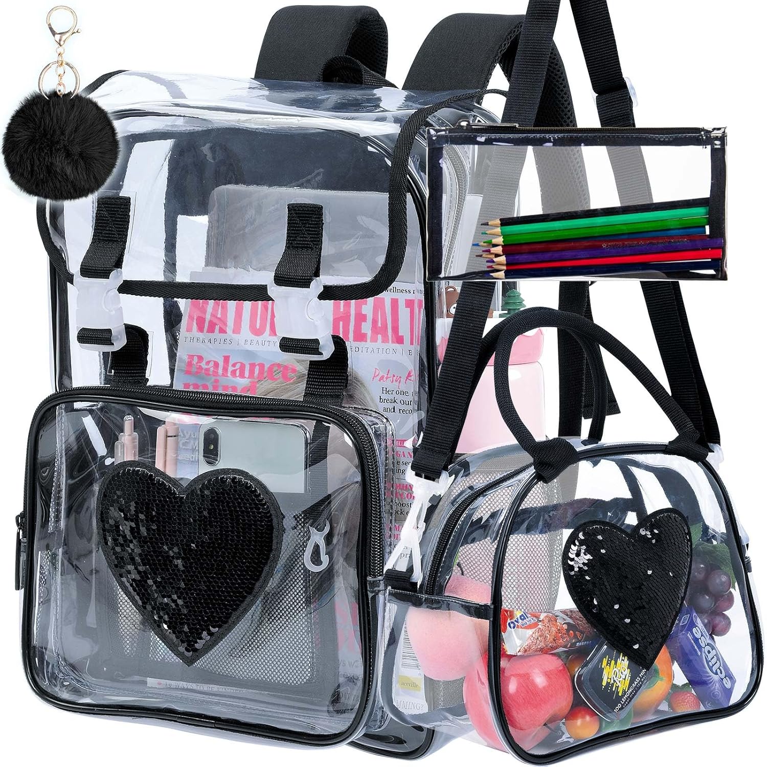 3PSC Clear Backpack, Heavy Duty Transparent Bookbag for Girls Women, Stadium Approved See Through Backpack Set (Black Sequins)