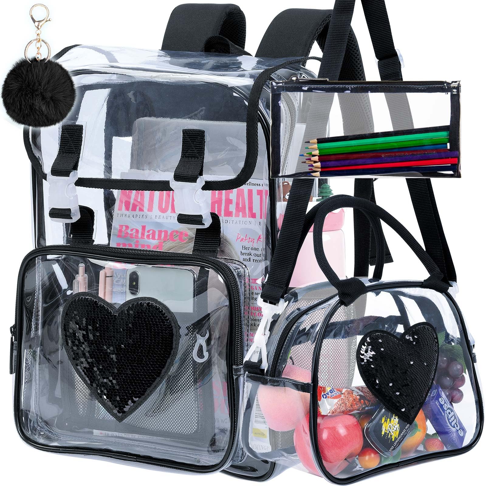FTJCF 3PSC Clear Backpack, Heavy Duty Transparent Bookbag for Girls Women, Stadium Approved See Through Backpack Set (Black Sequins)