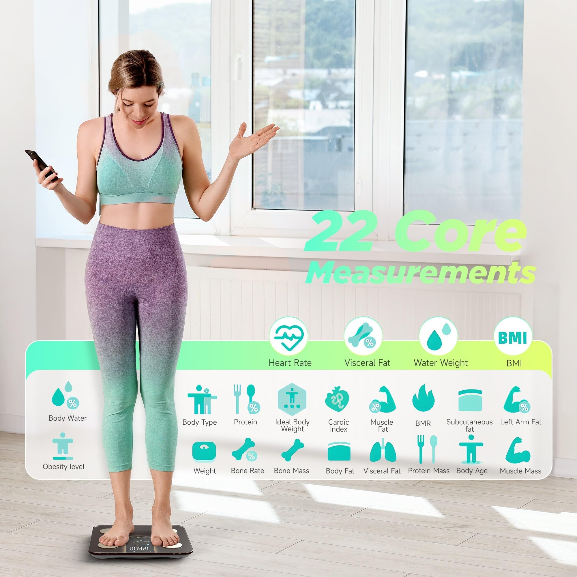 RunSTAR Báscula de Baño Inteligente con Pantalla VA 8 en 1, Báscula Digital de Baño de Alta Precisión para Peso Corporal, Frecuencia Cardíaca, IMC, Grasa Corporal 22 Métricas, APP de Sincronización