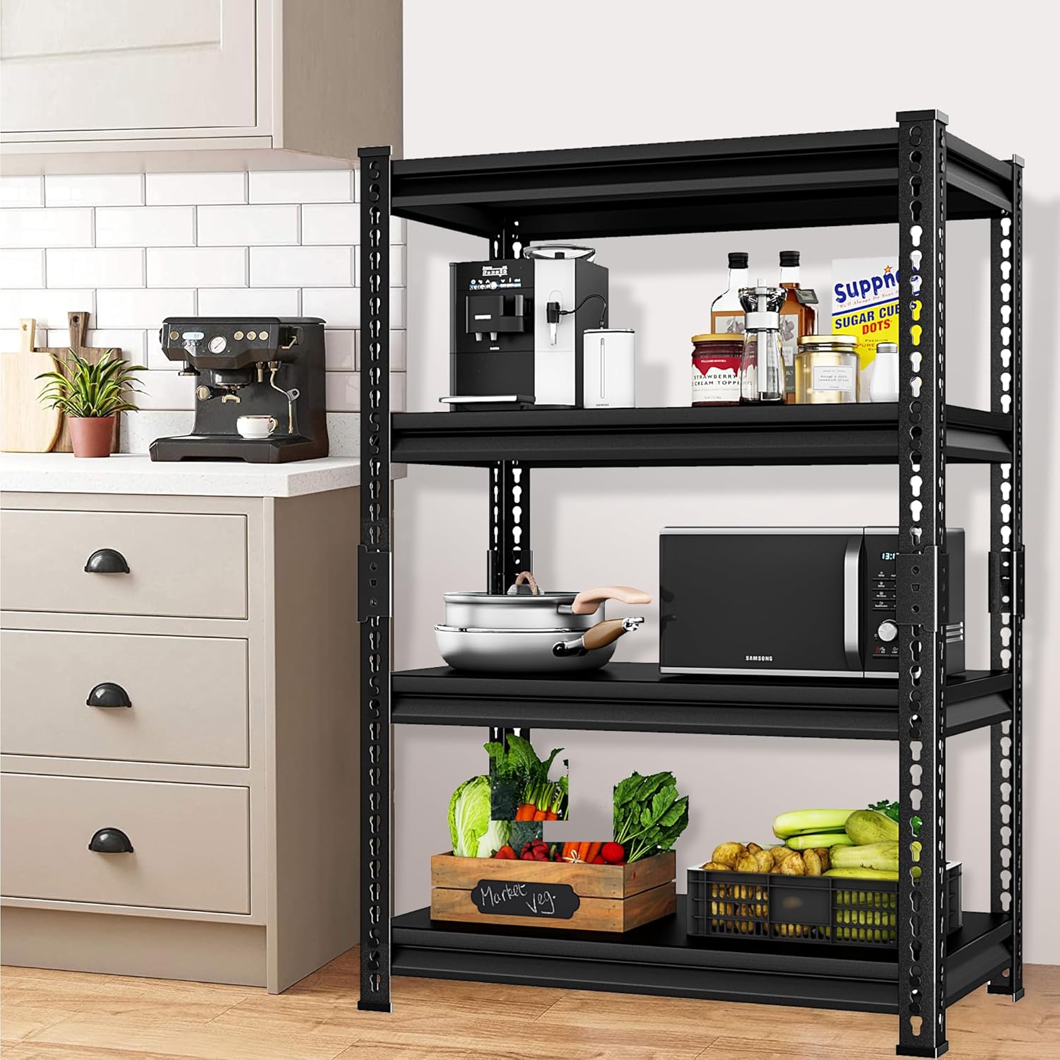 35" W Garage Shelving Heavy Duty, 1200LBS Loads Adjustable Garage Storage Shelves, 4-Tier Metal Industrial Shelves for Kitchen, Warehouse, Basement (35" W x 16" D x 66" H,Black)