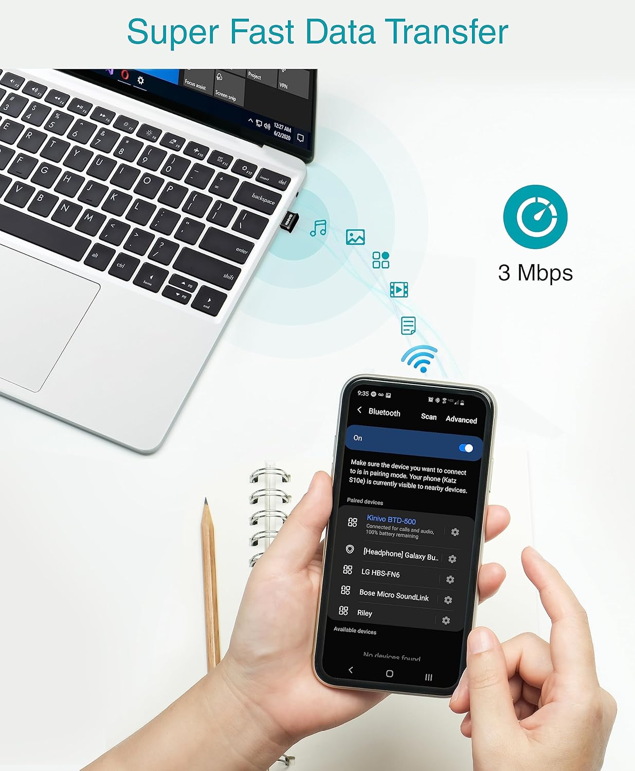 Kinivo BTD500 enabling 3Mbps data transfer between laptop and phone