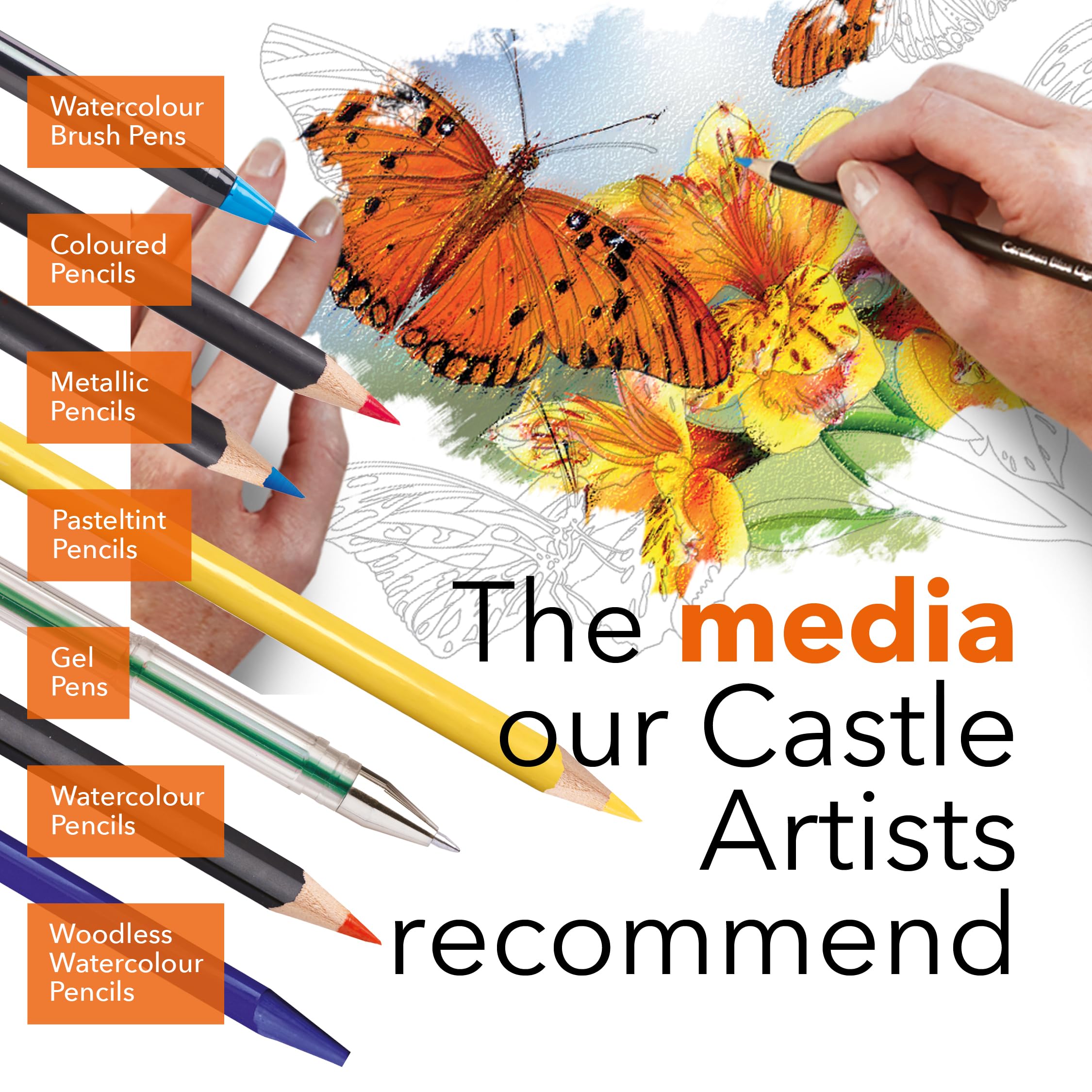 Castle Art Supplies Motyle kolorowanka | 72 fascynujące ilustracje motyli artystów kuratorowane z przewodnikiem po kolorach | papier artystyczny w formacie poziomym A4