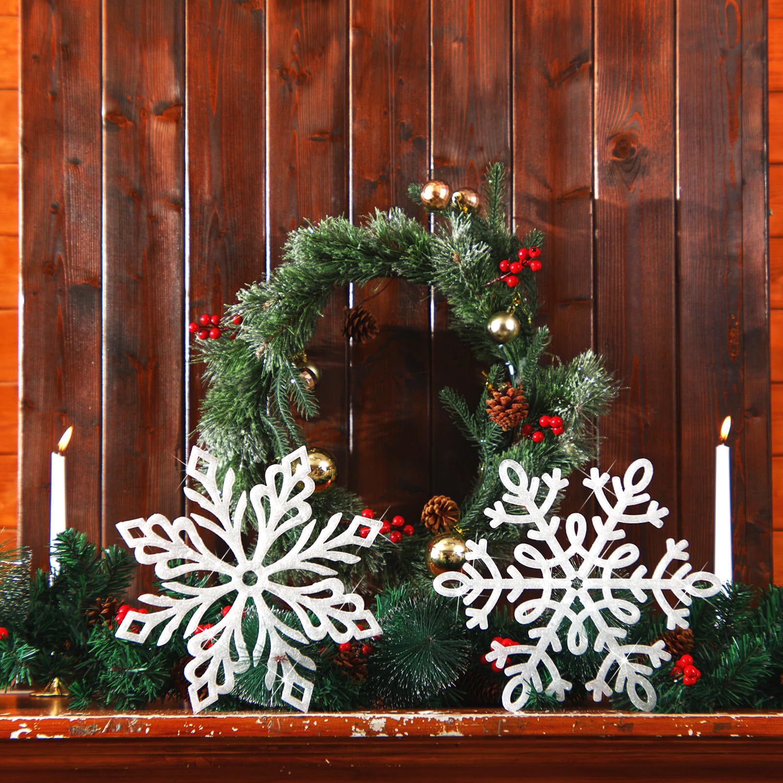 Sratte 12 Stück 40,6 cm große Schneeflocken-Ornamente, riesige glitzernde dekorative hängende Schneeflocken, 6 Designs, Weihnachtsdekoration, hängende Ornamente, Winter-Fensterdekoration mit