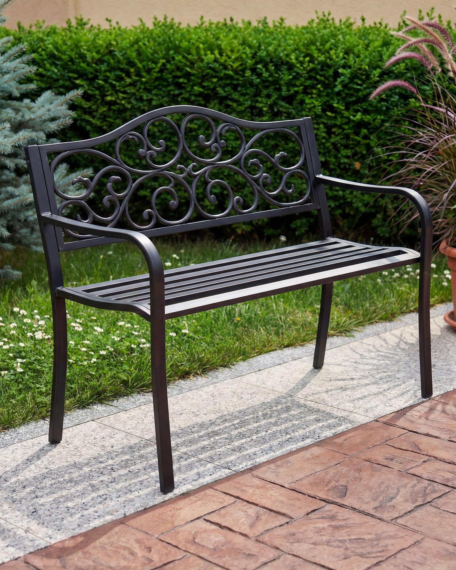 Gartenbank Metall wetterfest, 2-3 Sitzer Parkbank aus Gusseisen bis 240kg belastbar, Sitzbank mit Rückenlehne & Blumenmuster für Garten, Balkon & Terrasse, 128cm Breit, Schwarz